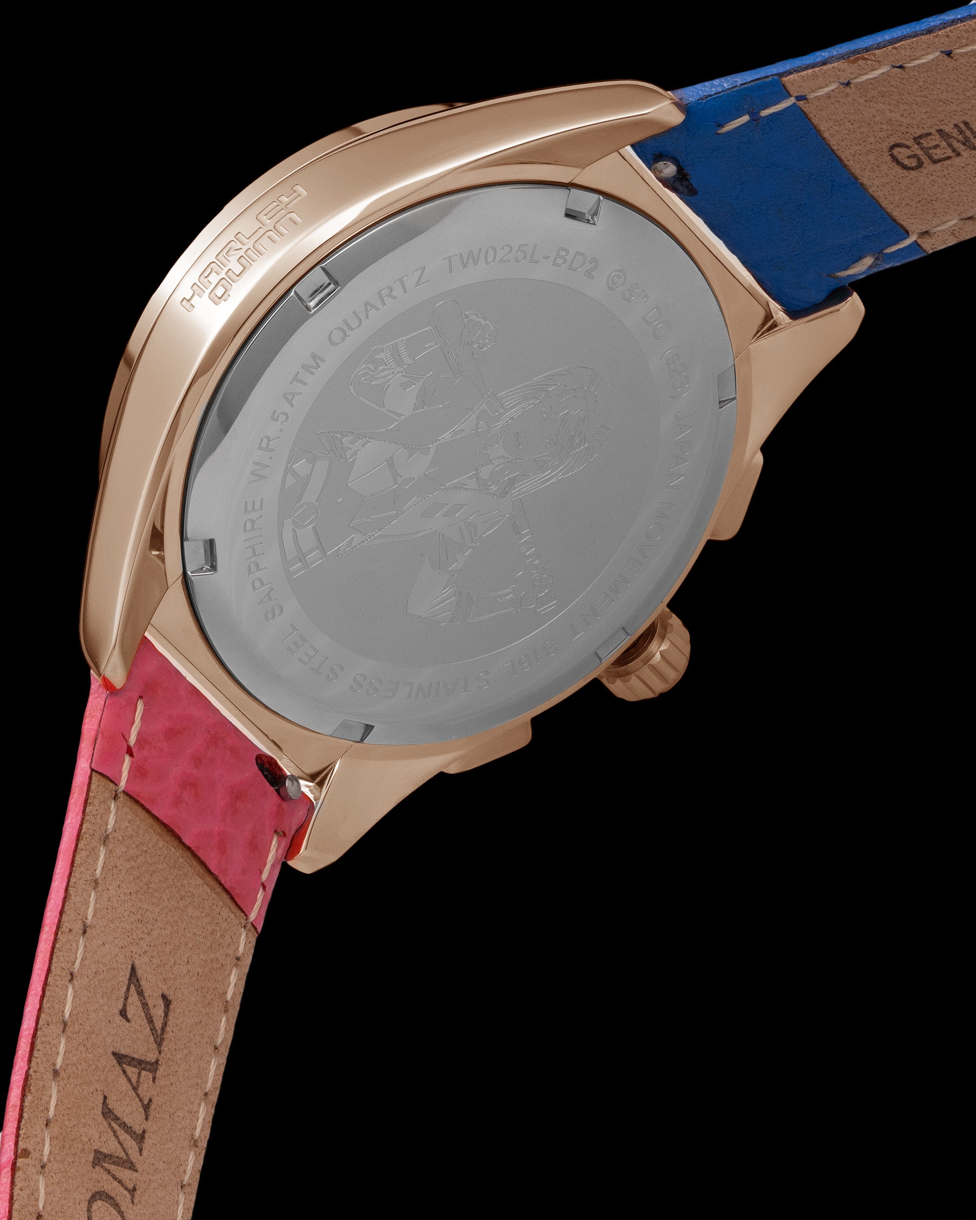 DC Harley Quinn TW025L-BD2 (Rosegold/Pink) dengan Kristal Merah Jambu dan Biru (Tali Kulit Merah Jambu/Biru)