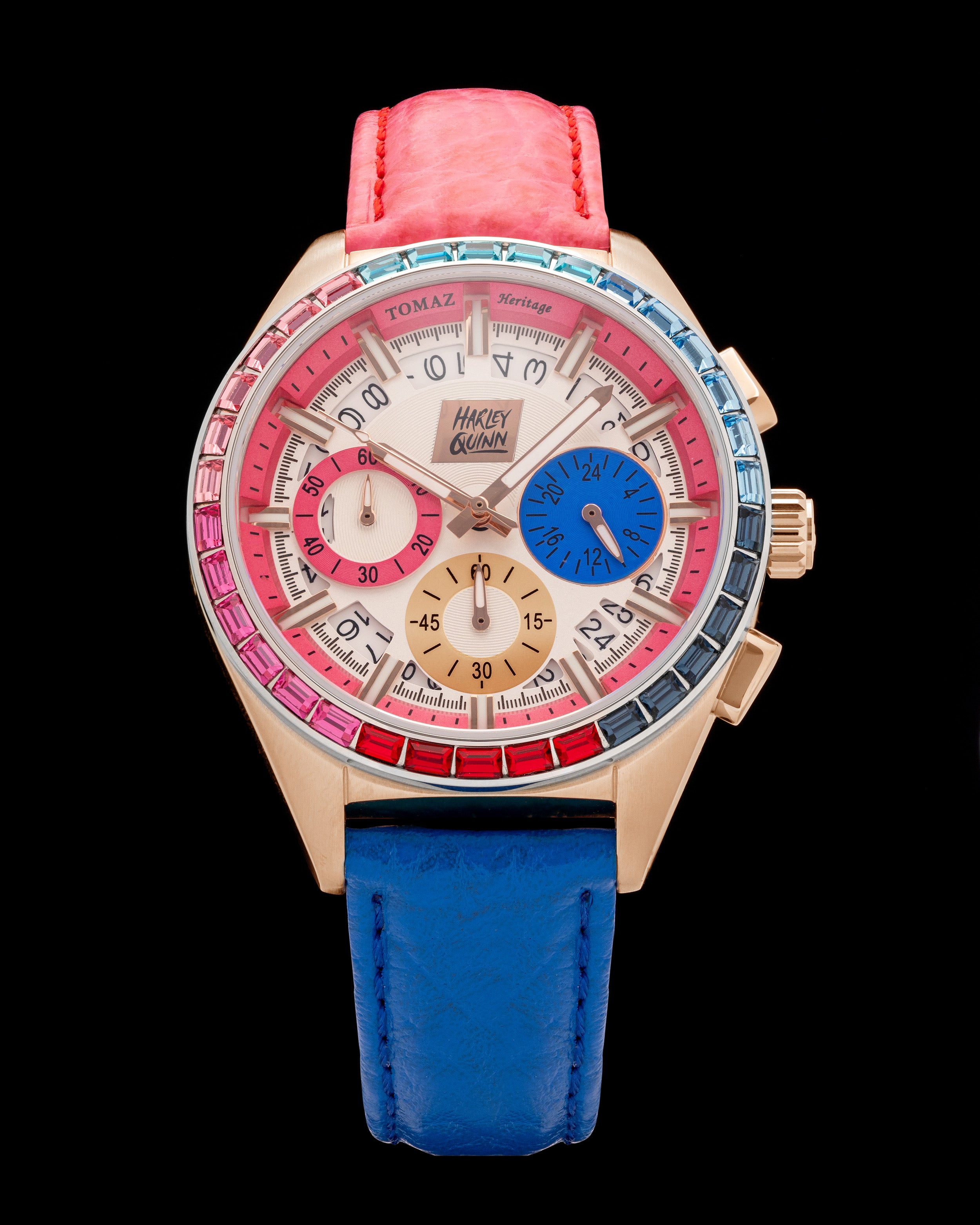 DC Harley Quinn TW025L-BD2 (Rosegold/Pink) dengan Kristal Merah Jambu dan Biru (Tali Kulit Merah Jambu/Biru)