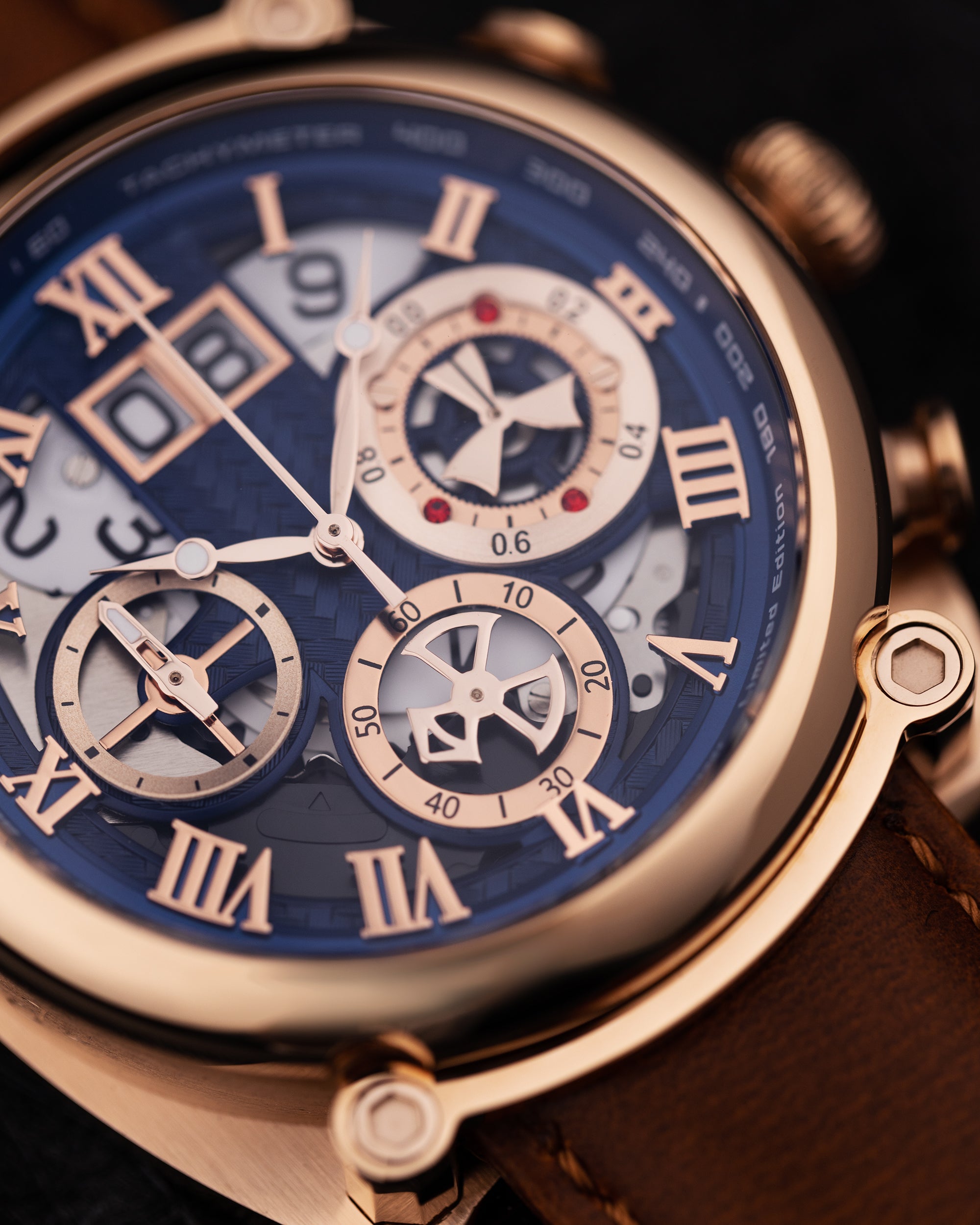 Xavier TW026-D3A (Rosegold/Blue) Brown Leather Strap