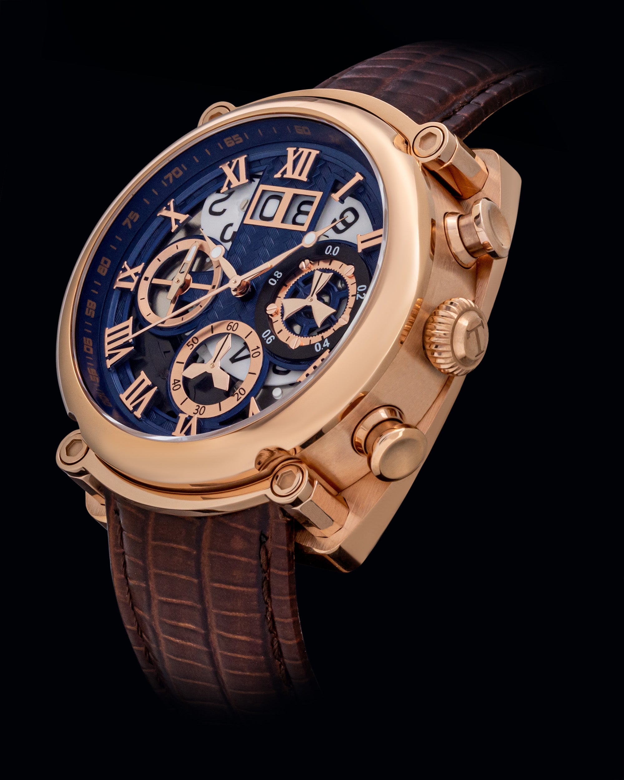 Xavier TW026-D3 (Rosegold/Blue) Coffee Armadillo Leather Strap