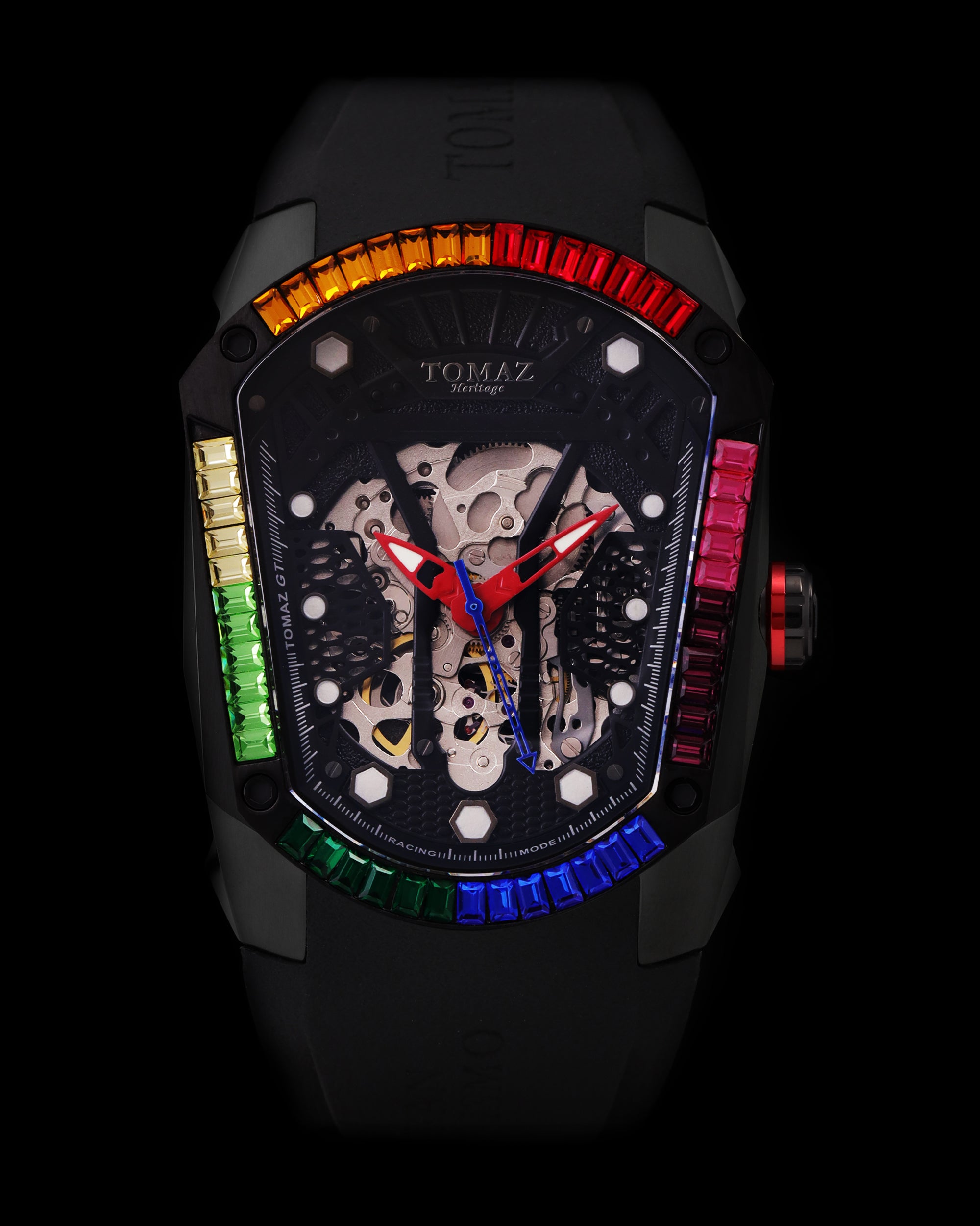 GT Skeleton TW028-D11 (Hitam) dengan Rainbow Swarovski (Tali Getah Hitam)