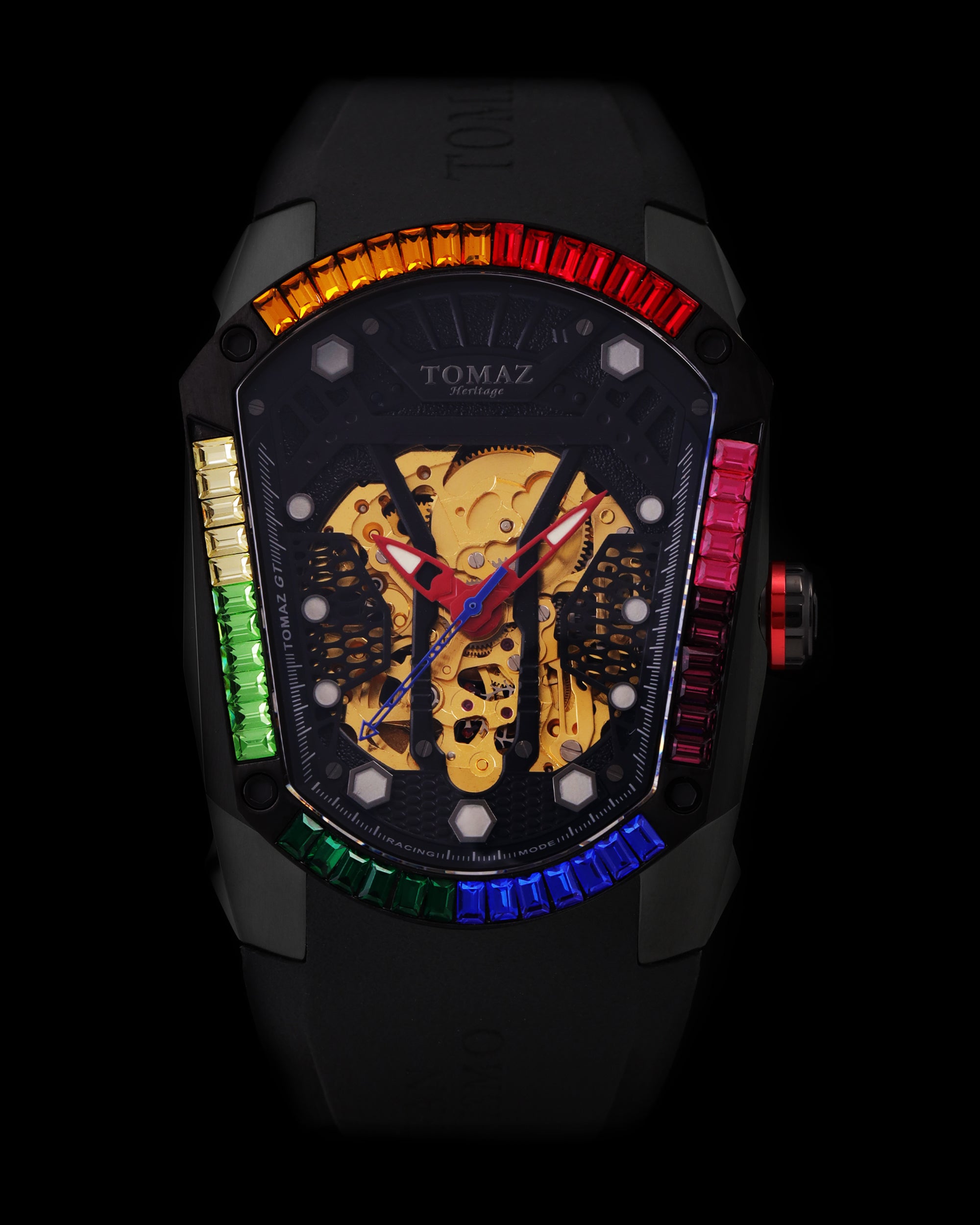 GT Skeleton TW028-D21 (Hitam) dengan Rainbow Swarovski (Tali Getah Hitam)