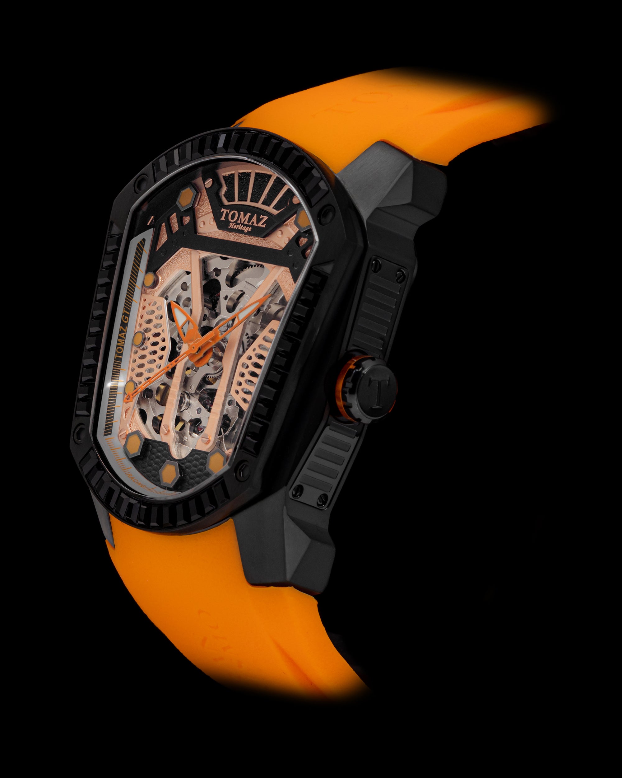 GT Skeleton TW028-D6 (Hitam/Oren) dengan Swarovski Hitam (Tali Getah Jingga)