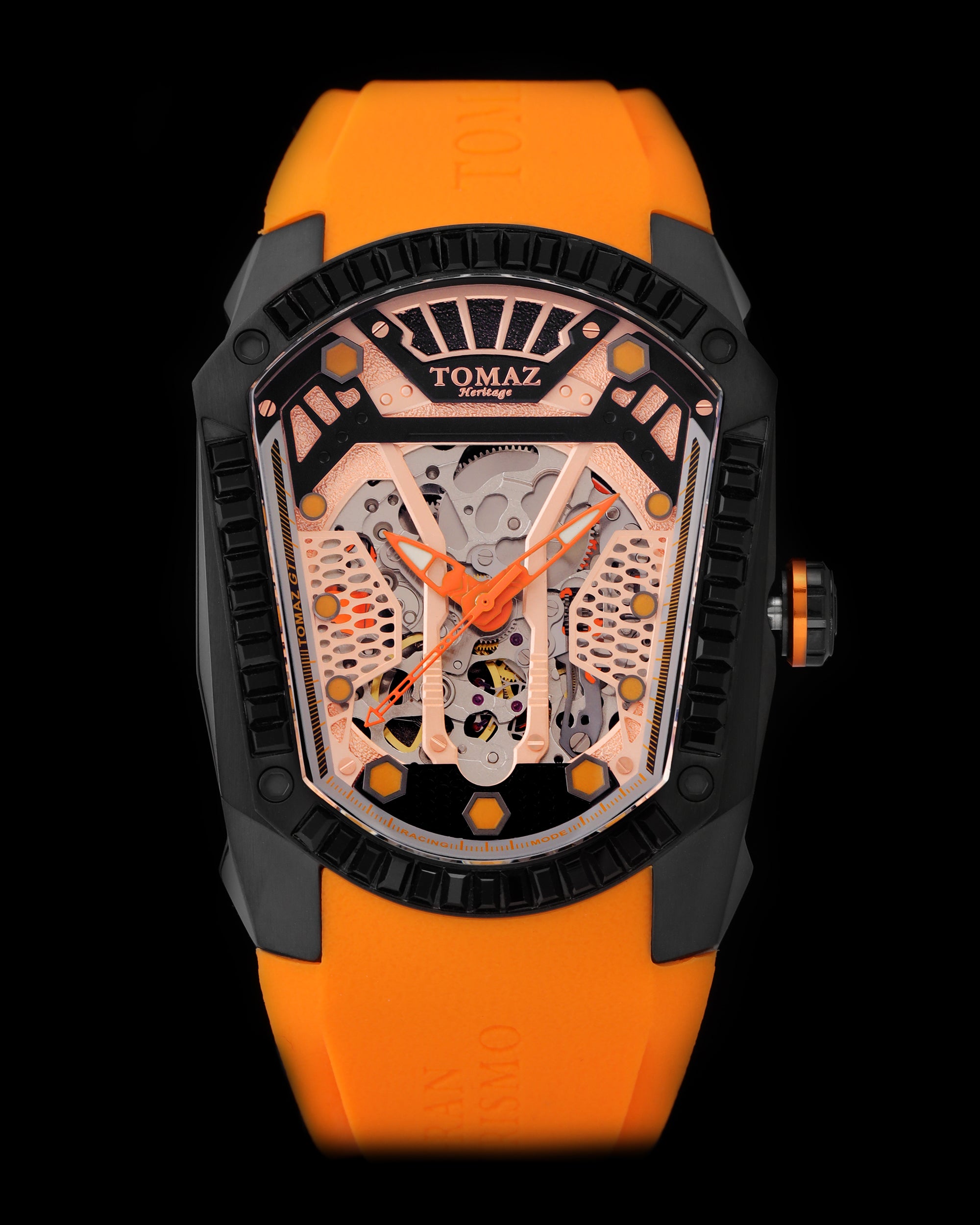 GT Skeleton TW028-D6 (Hitam/Oren) dengan Swarovski Hitam (Tali Getah Jingga)