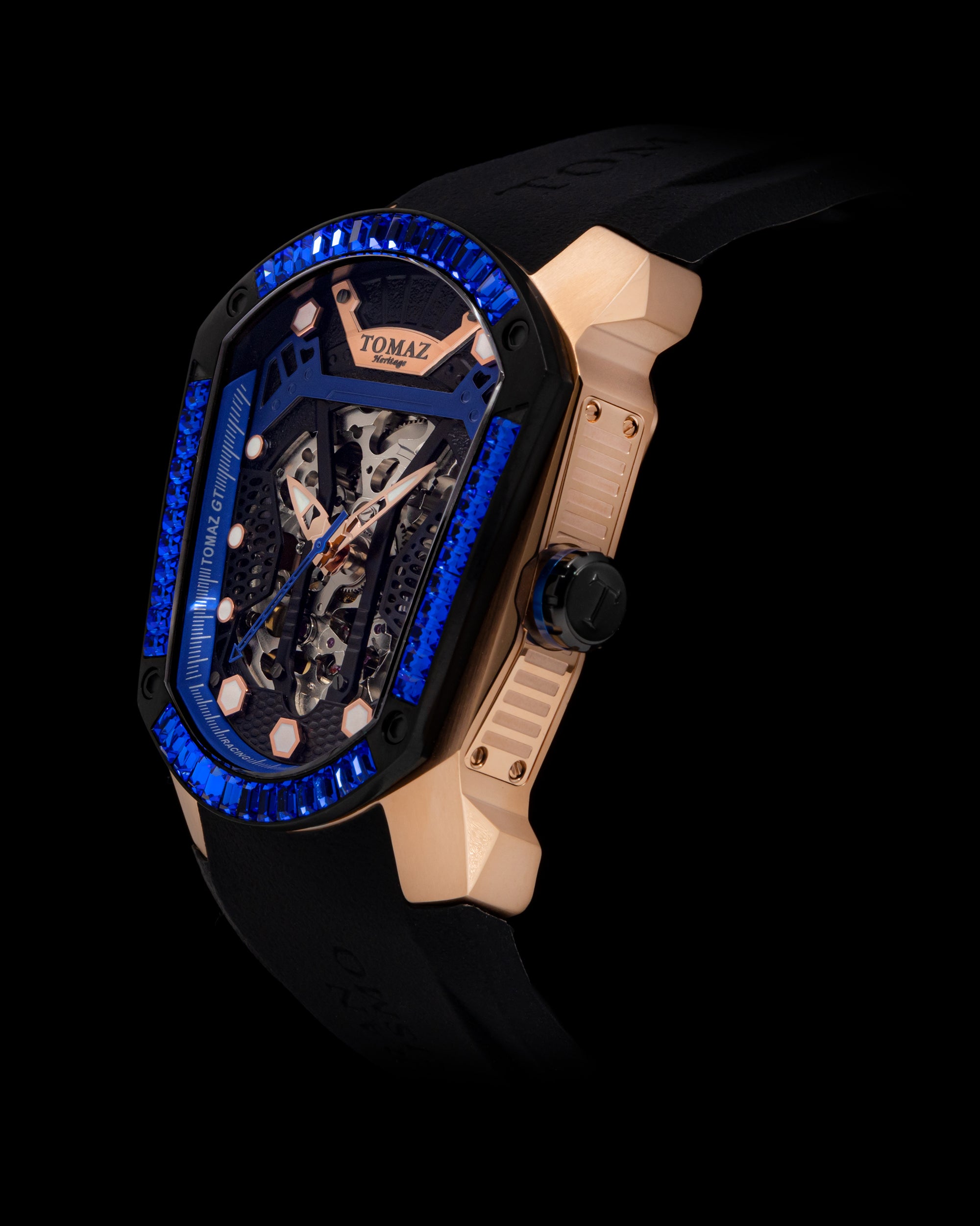 GT Skeleton TW028-D7 (Rosegold/Biru) dengan Swarovski Biru (Tali Getah Hitam)