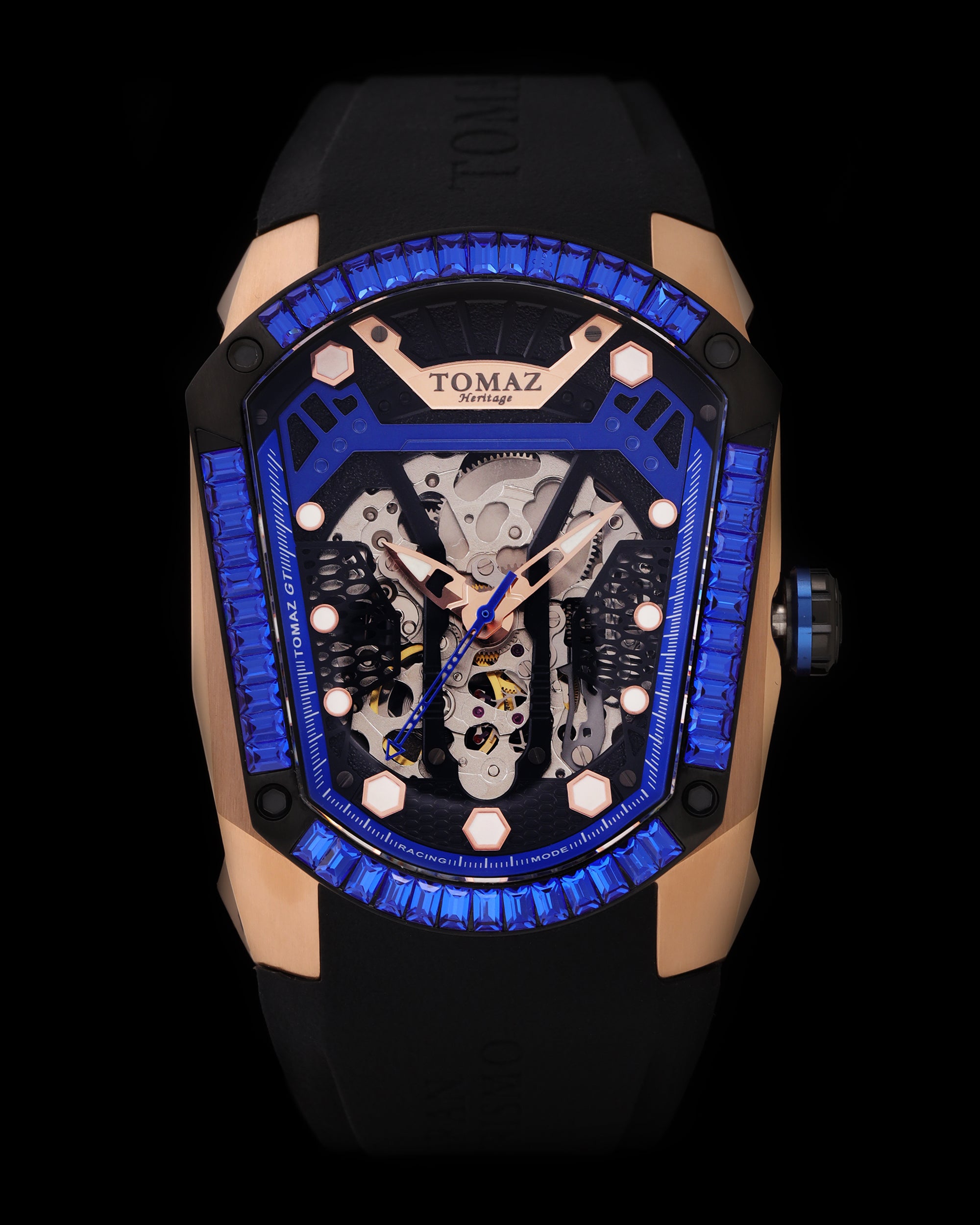 GT Skeleton TW028-D7 (Rosegold/Biru) dengan Swarovski Biru (Tali Getah Hitam)