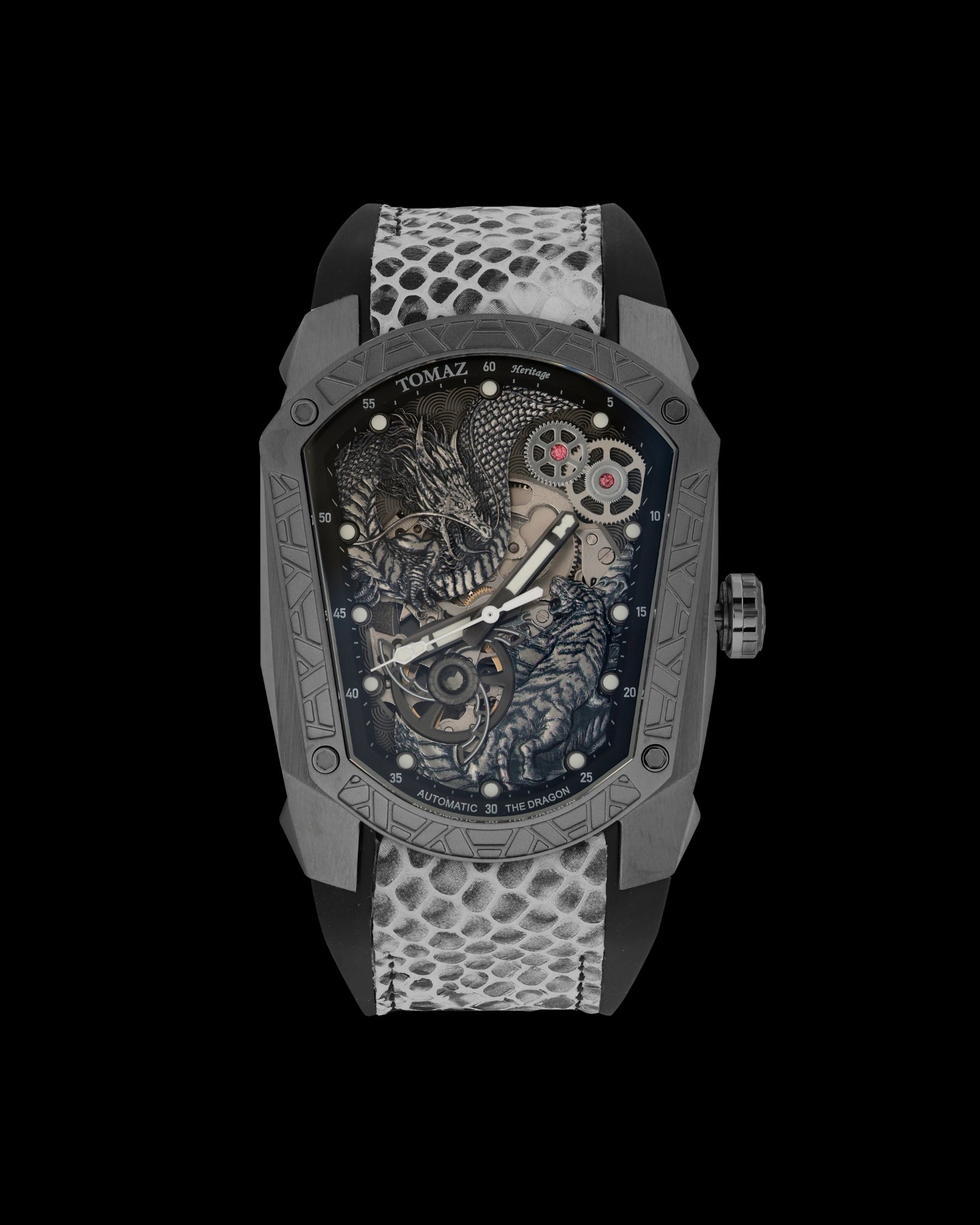 GT Dragon/Tiger TW028-ID9 (Gun Metal/Grey) dengan Tali Kulit Getah Hitam/Putih