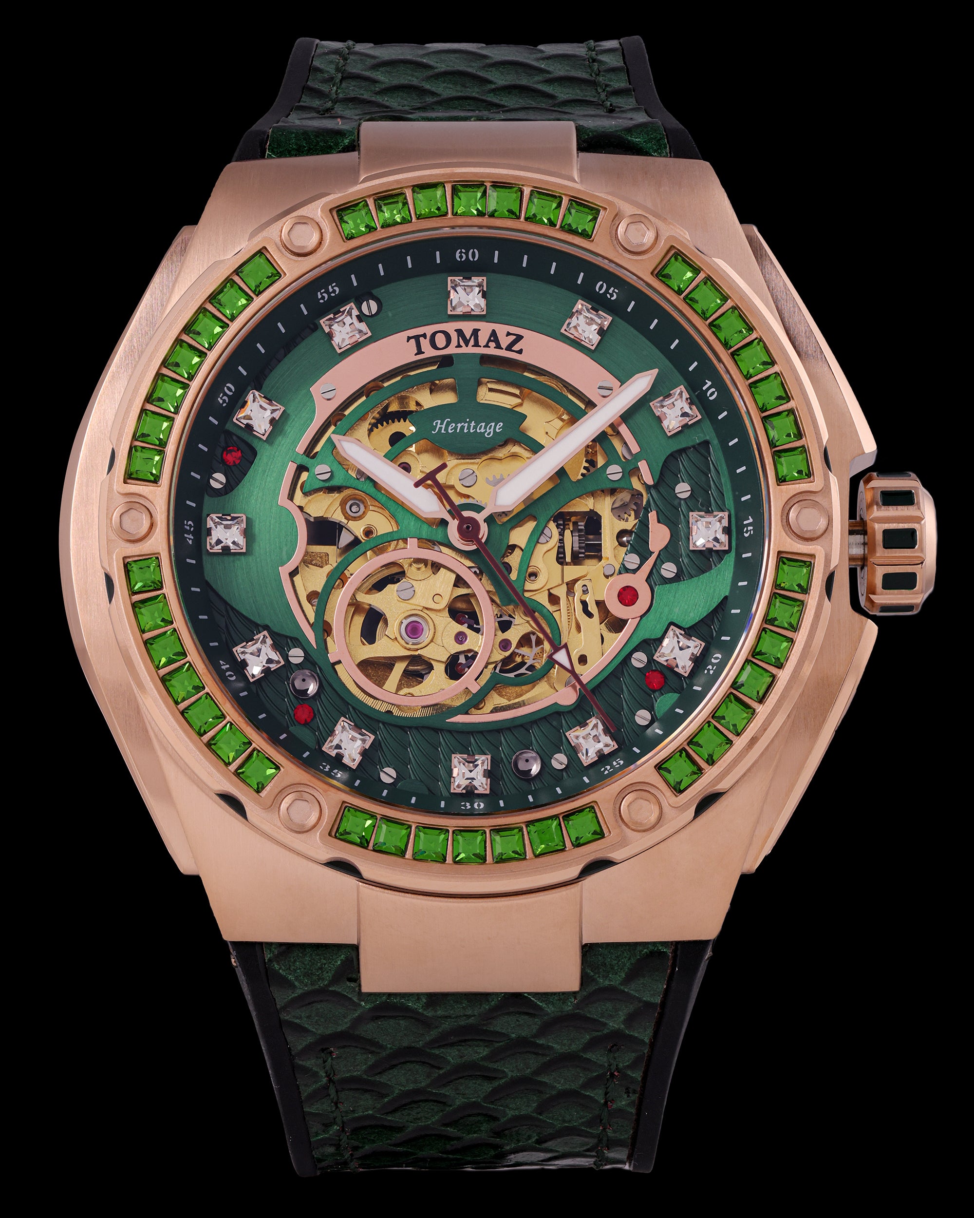 Xavier XL TW033-D15 (Rosegold/Hijau) dengan Swarovski Hijau (Tali Kulit Hijau)
