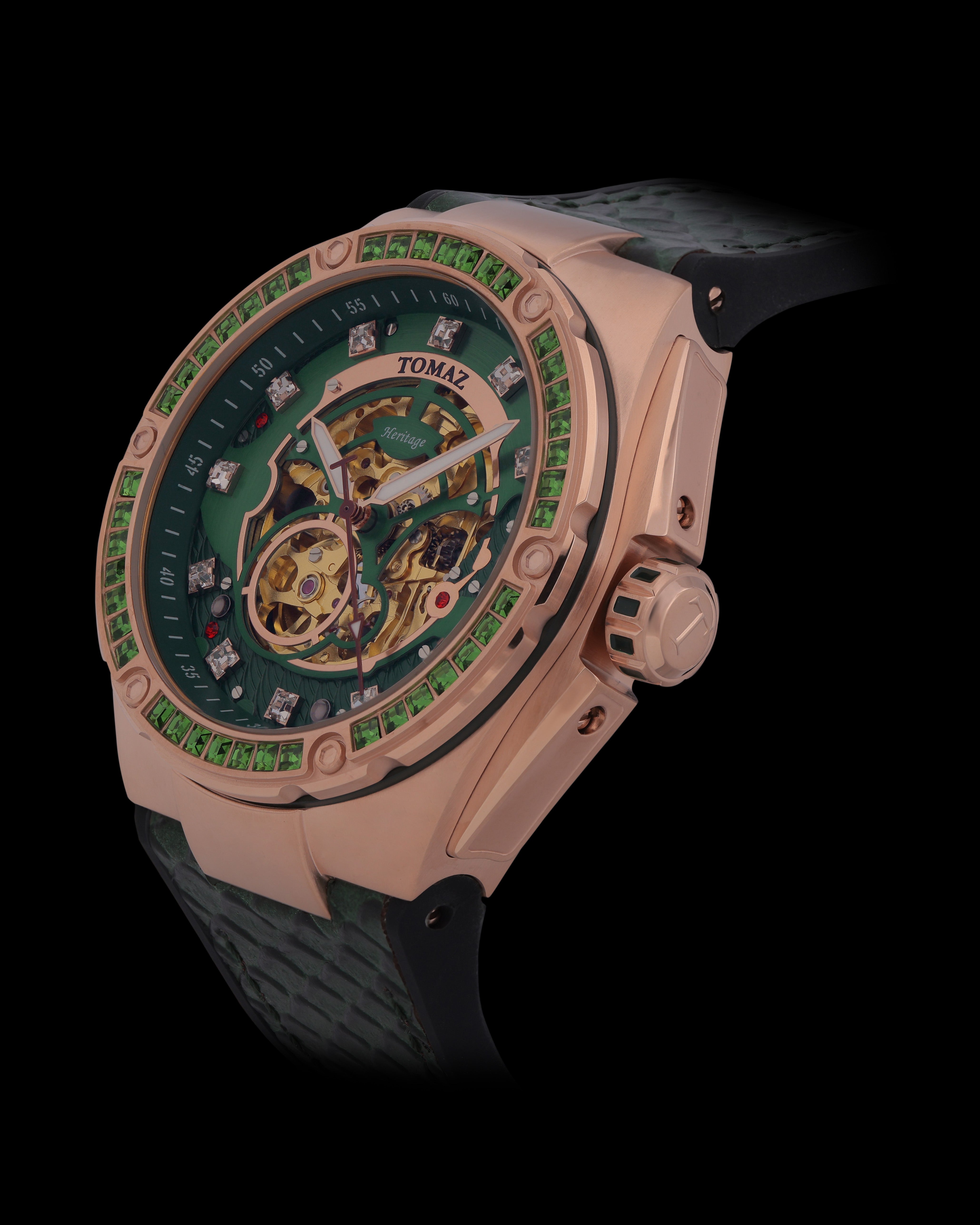 Xavier XL TW033-D15 (Rosegold/Hijau) dengan Swarovski Hijau (Tali Kulit Hijau)