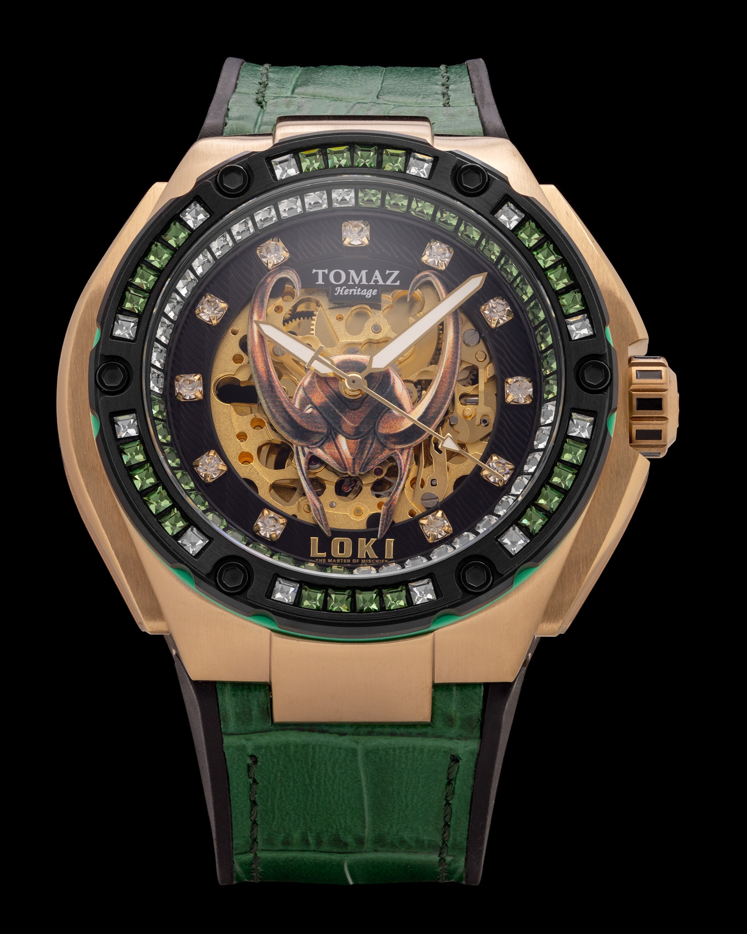 Marvel Loki TW037-CD1 (Rosegold/Hitam) dengan Kristal Swarovski Putih Hijau (Silikon Hijau dengan Tali Buluh Kulit)