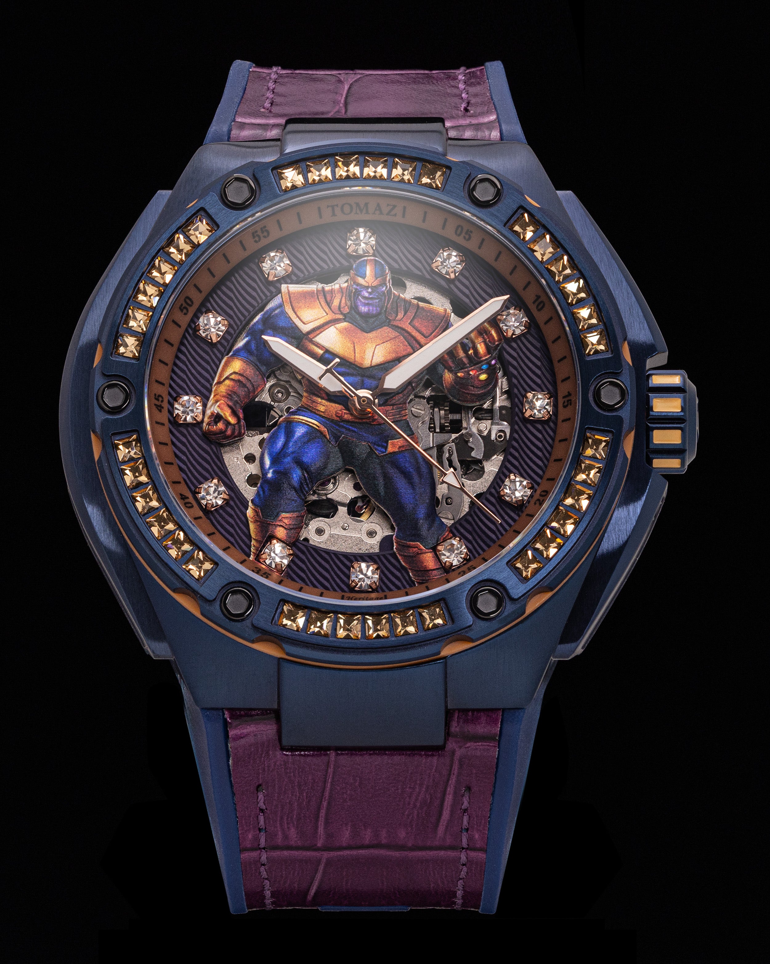 Marvel Thanos TW037-GD1 (Biru/Kuning) dengan Kristal Swarovski Kuning (Buluh Kulit Maroon dengan Tali Silikon)