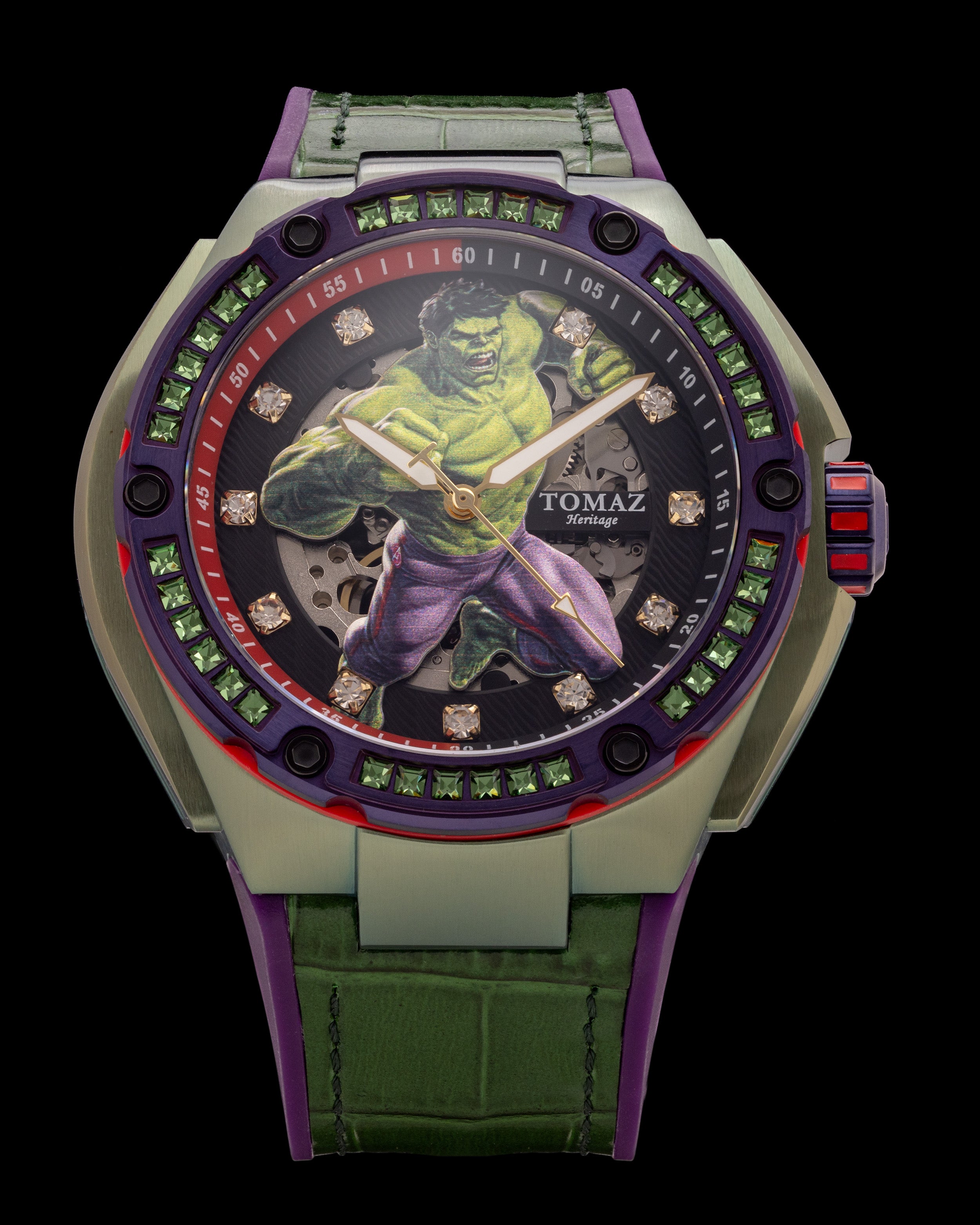Marvel Hulk TW037-OD2 (Hijau/Ungu) dengan Kristal Swarovski Hijau (Silikon Buluh Hijau dengan Tali Buluh Kulit)