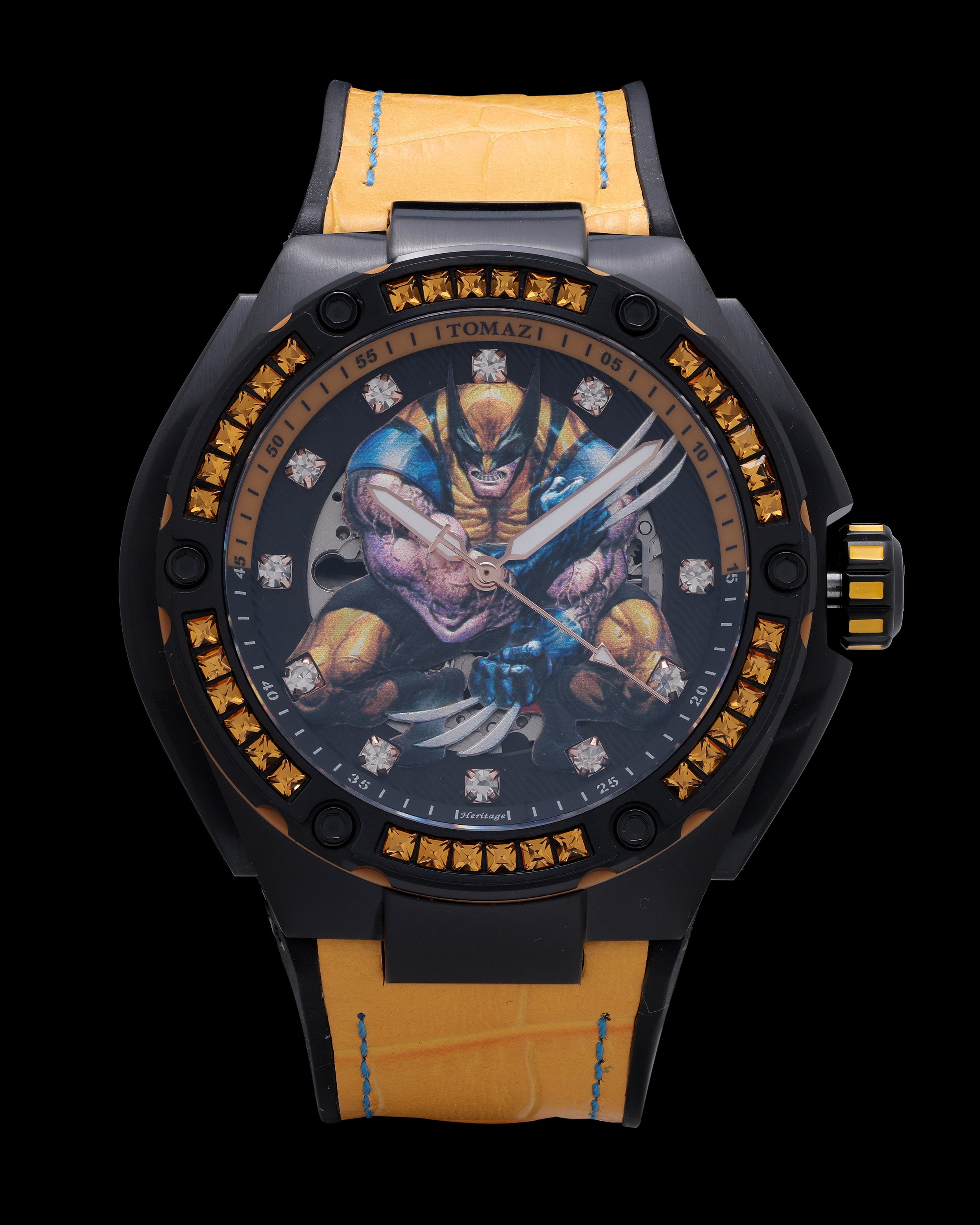 Marvel Wolverine TW037-TD1 (Hitam/Kuning) dengan Kristal Swarovski Kuning (Kulit Buluh Kuning dengan Tali Silikon)