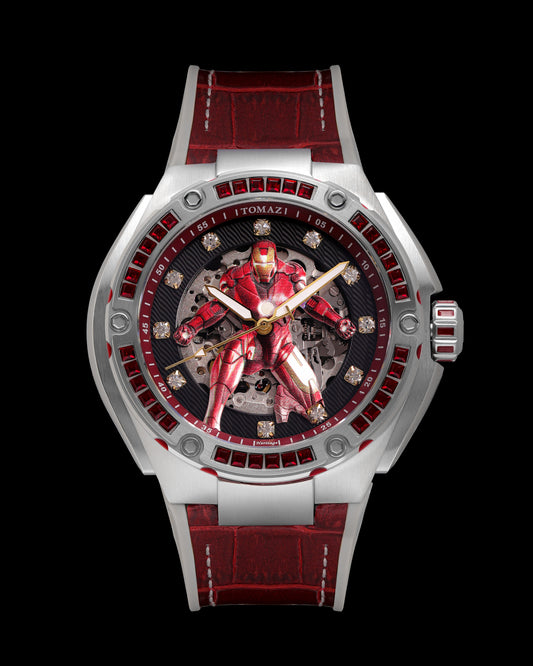 Marvel Iron Man TW037A-D4 (Silver/Red) with Red Swarovski Crystal (Red/Gray Silicone with Leather Bamboo Strap)