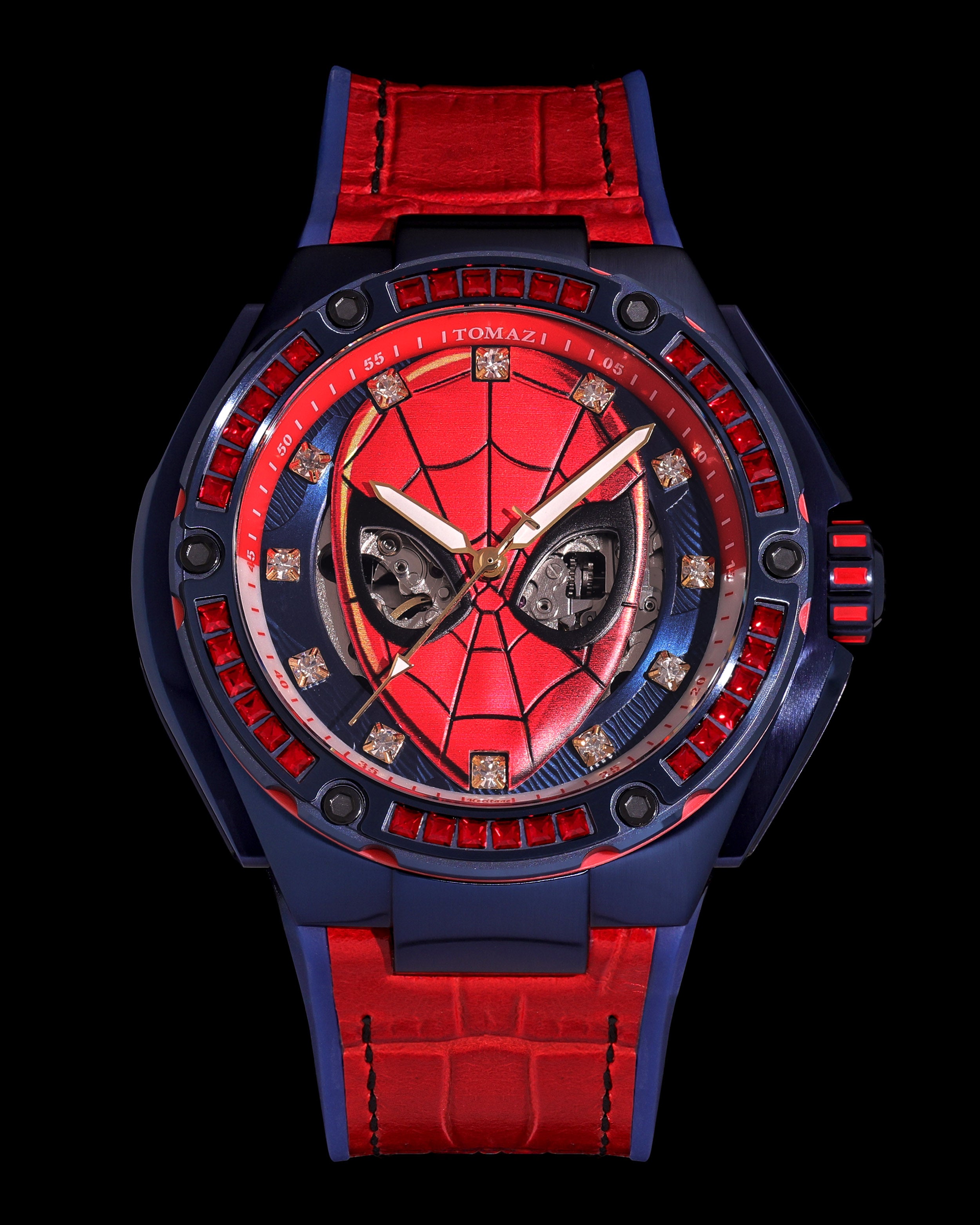 Marvel Spider-Man TW037M-D3 (Navy/Merah) dengan Kristal Swarovski Merah (Silikon Merah dengan Tali Buluh Kulit)