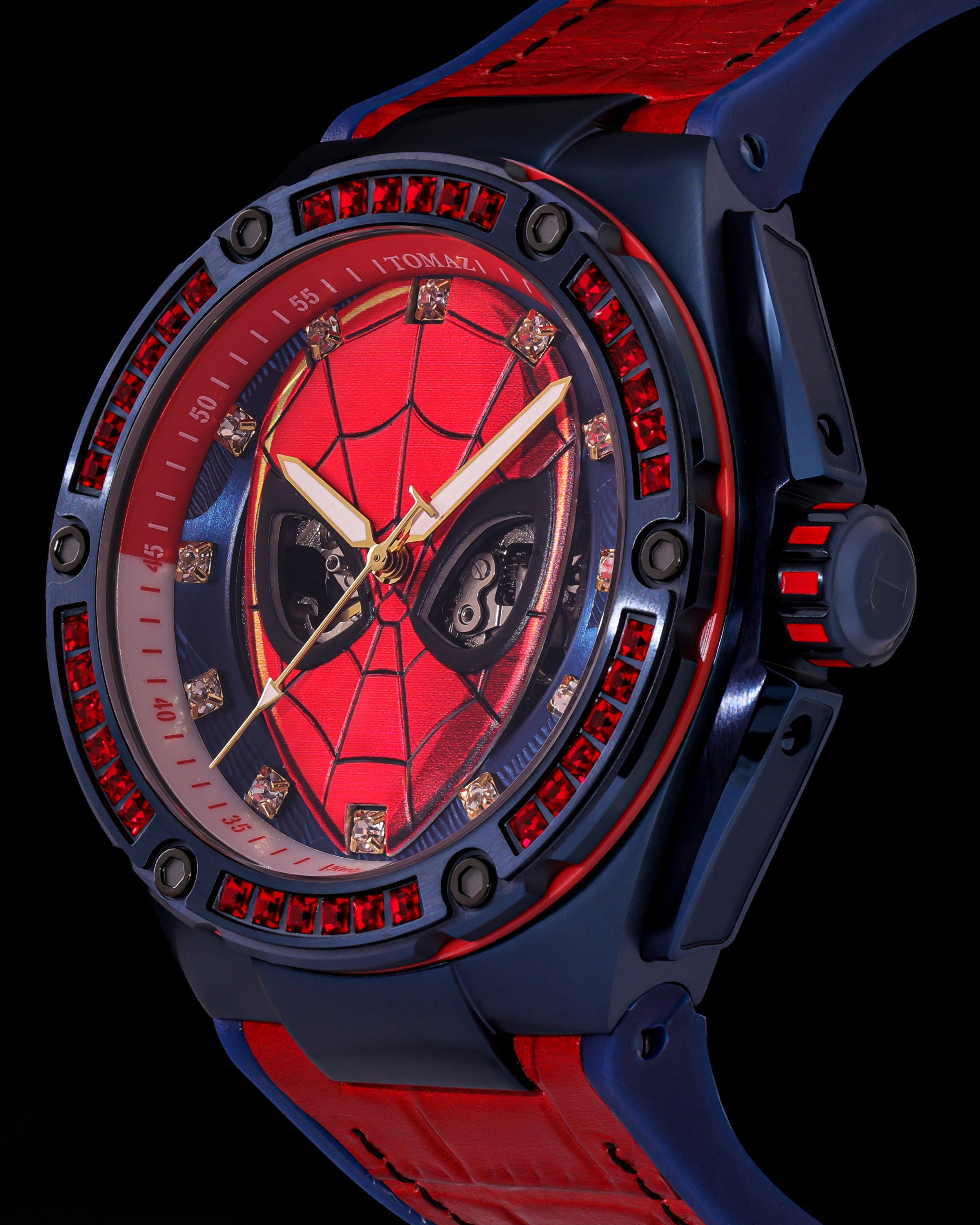 Marvel Spider-Man TW037M-D3 (Navy/Merah) dengan Kristal Swarovski Merah (Silikon Merah dengan Tali Buluh Kulit)