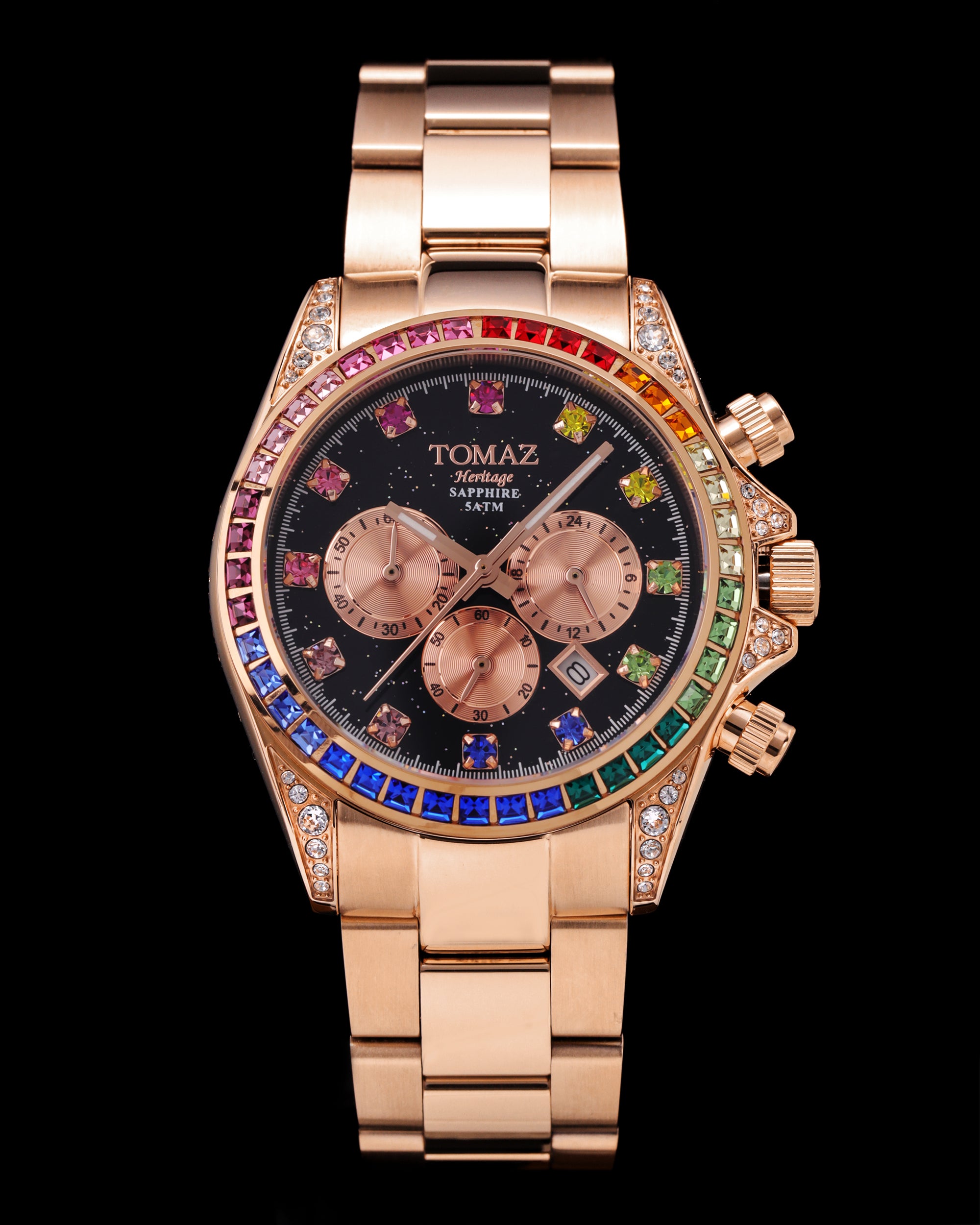 Jam Tangan Wanita Tomaz GR02L-D7 (Rosegold/Hitam) dengan Rainbow Swarovski (Keluli Tahan Karat Rosegold)