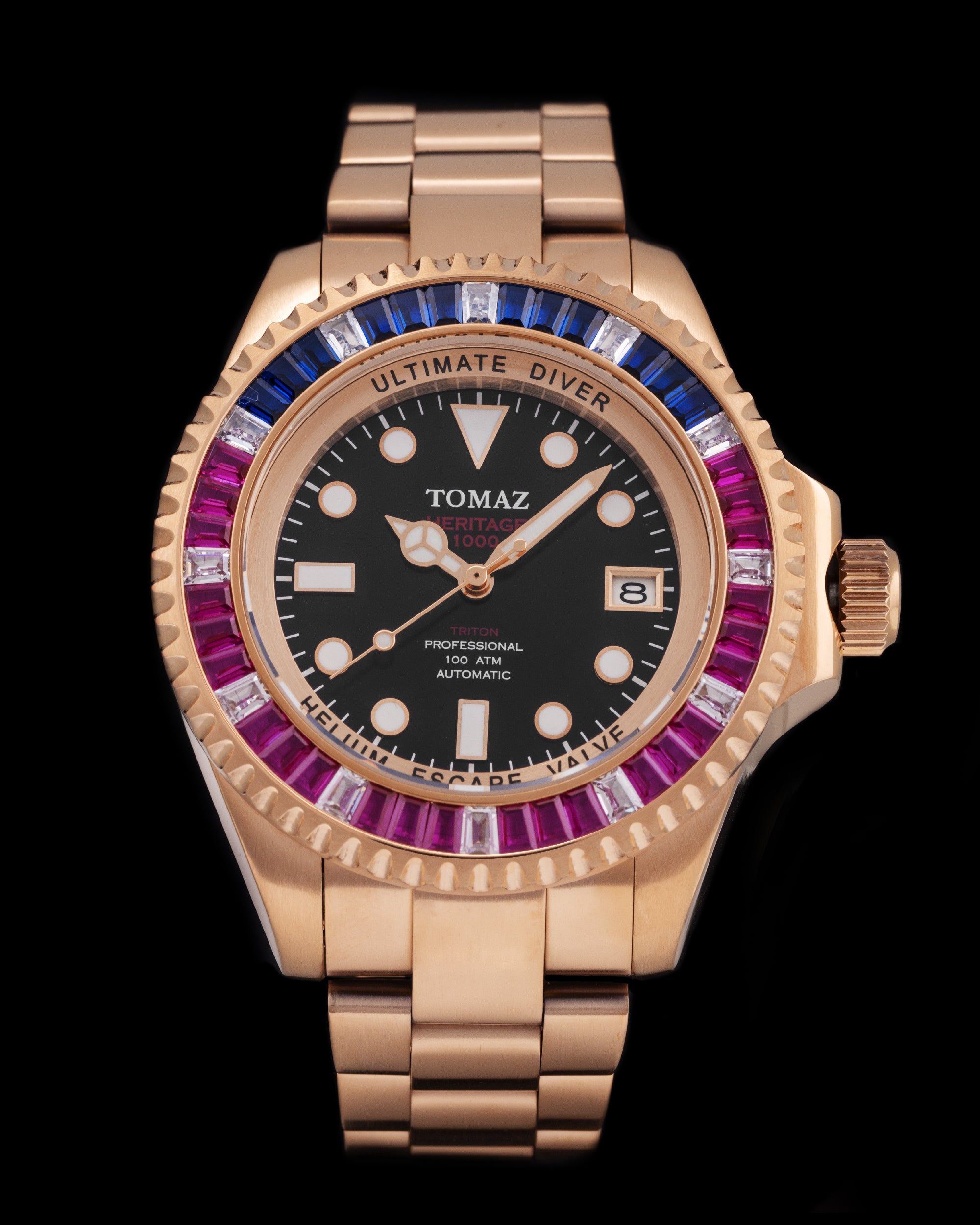 Ultimate Diver GR06-D12 (Rosegold/Hitam) dengan Swarovski Putih Biru Merah Jambu (Keluli Tahan Karat Rosegold)