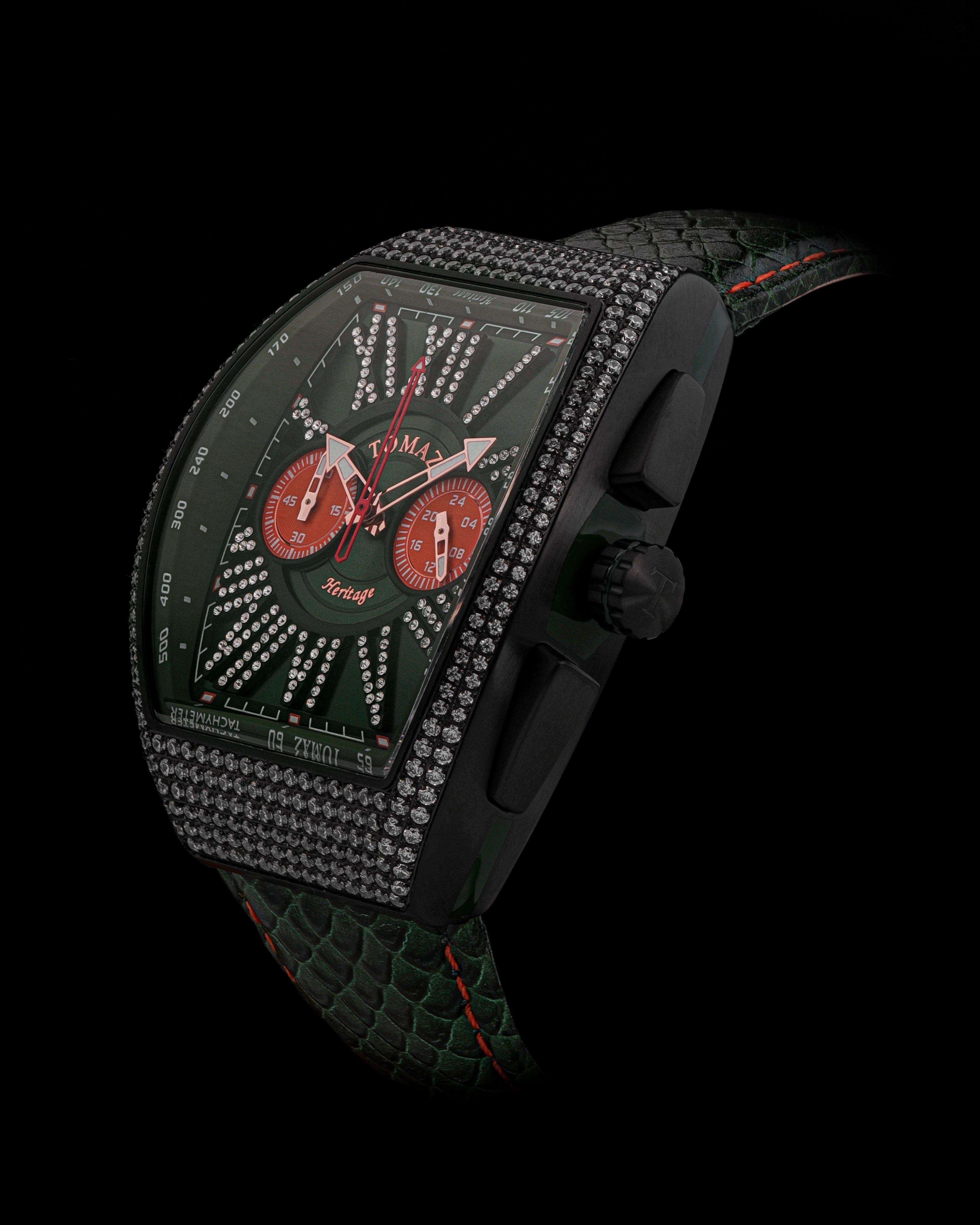 Tomaz Men's Watch TQ012A-D11 (Black/Green) with Silver Crystal (Green Salmon Leather Strap)