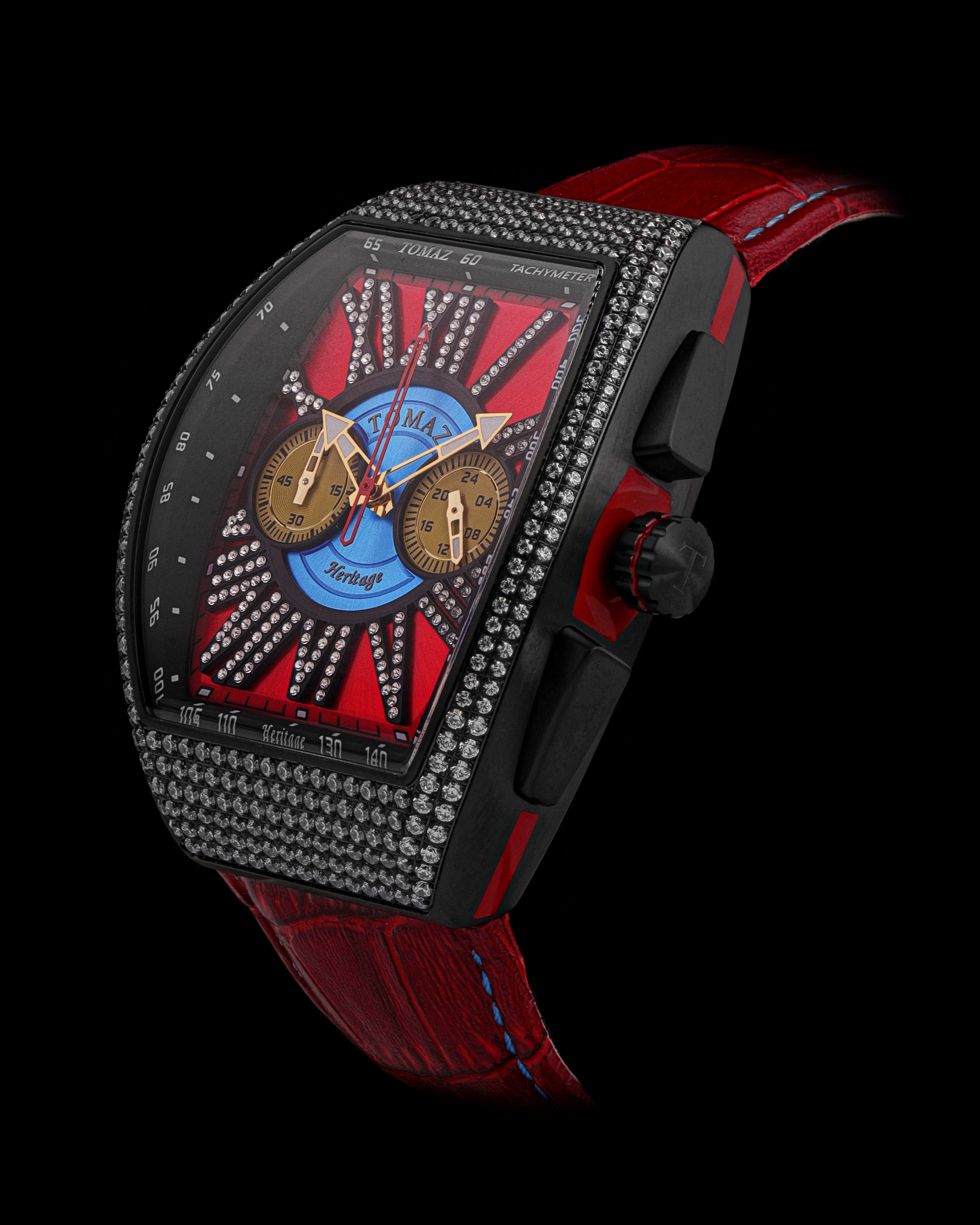 Tomaz Men's Watch TQ012A-D2 (Silver/Red) with Crystal and Red Bamboo Leather Strap