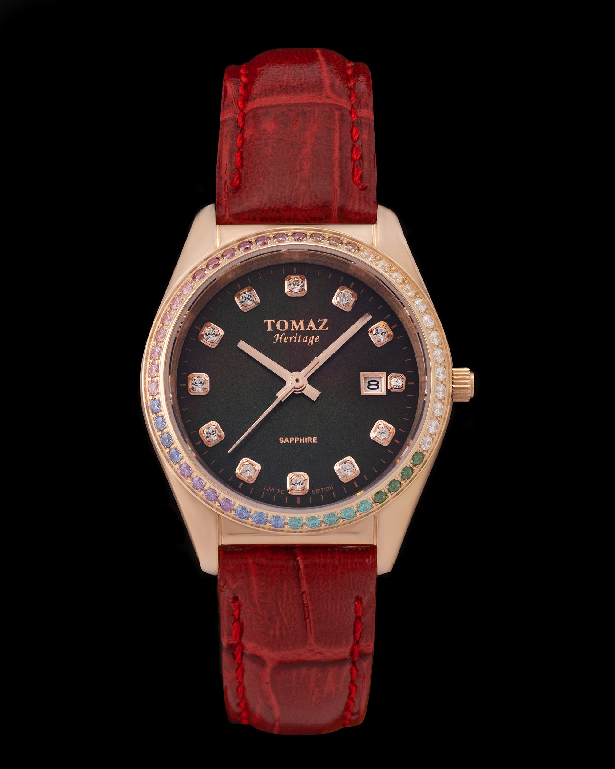 Jam Tangan Wanita Tomaz TQ017L-D22 Mutiara (Emas Mawar/Hitam) dengan Swarovski Pelangi (Tali Kulit Buluh Merah)