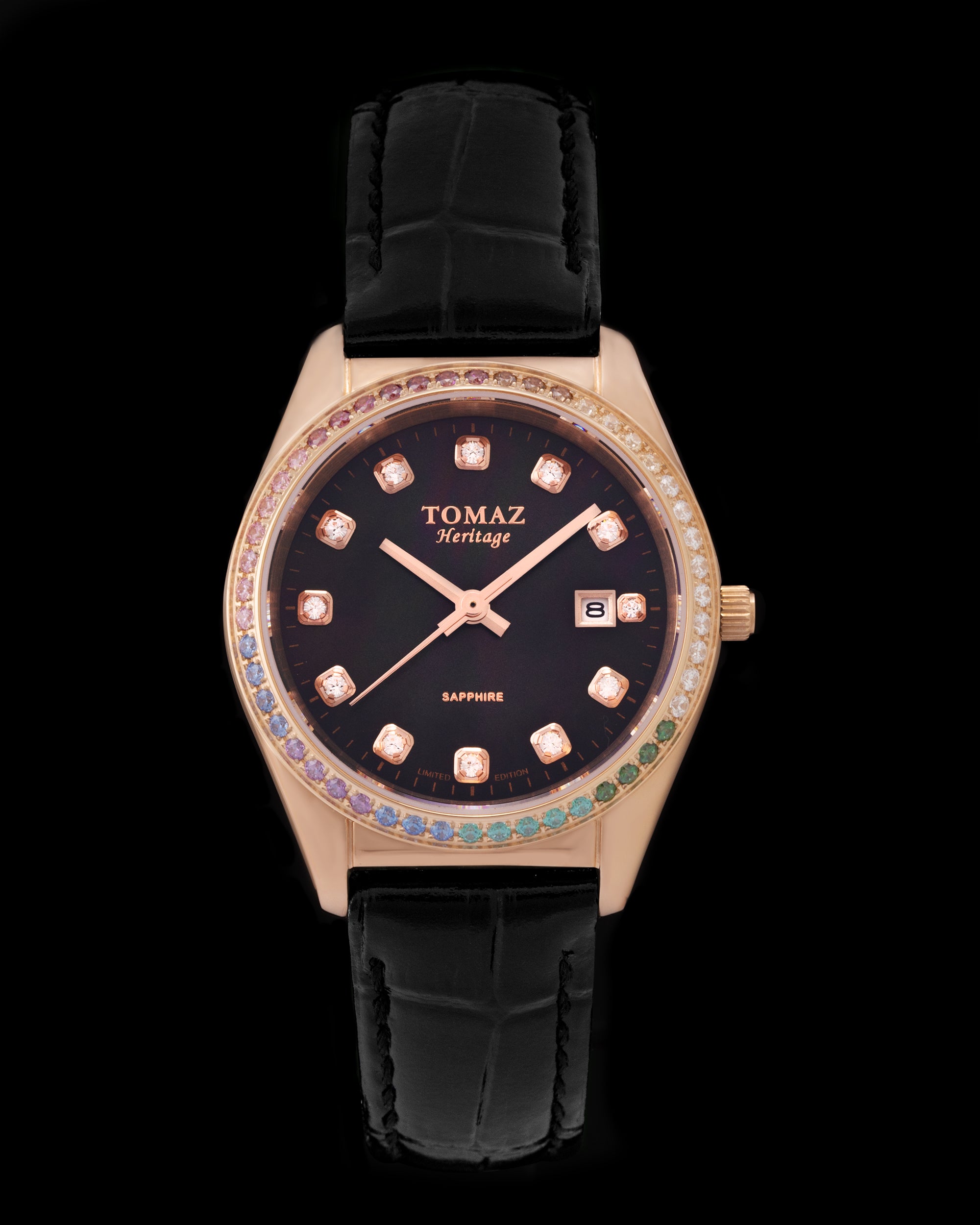 Jam Tangan Wanita Tomaz TQ017L-D23 Mutiara (Emas Mawar/Hitam) dengan Rainbow Swarovski (Tali Kulit Buluh Hitam)