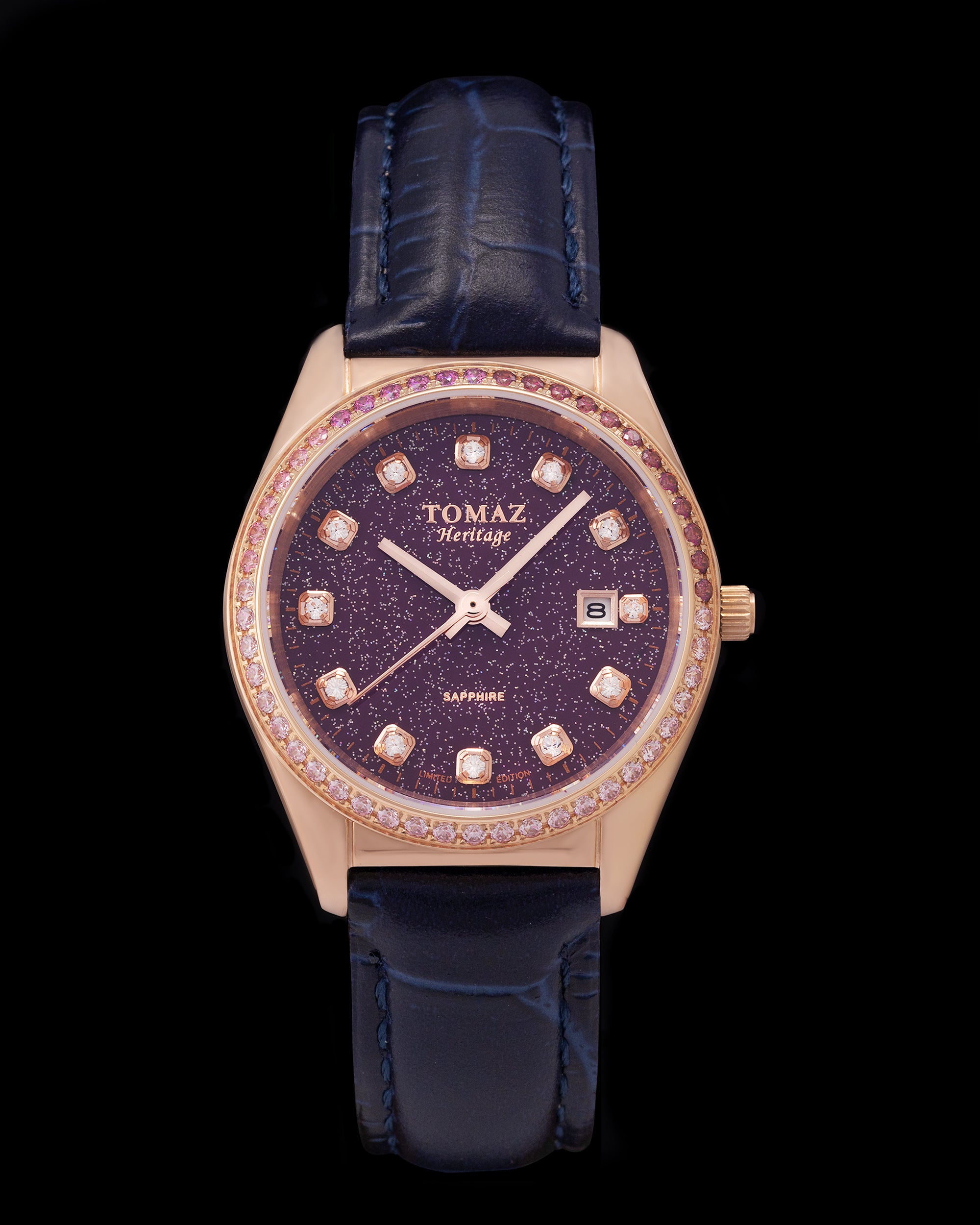 Jam Tangan Wanita Tomaz TQ017L-D29 Stardust (Emas Mawar/Ungu) dengan Swarovski Ungu (Tali Kulit Buluh Tentera Laut)