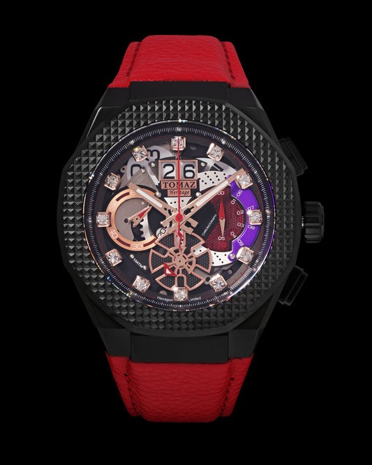 Hexagon TQ023A-D5 (Black) Red Leather Strap