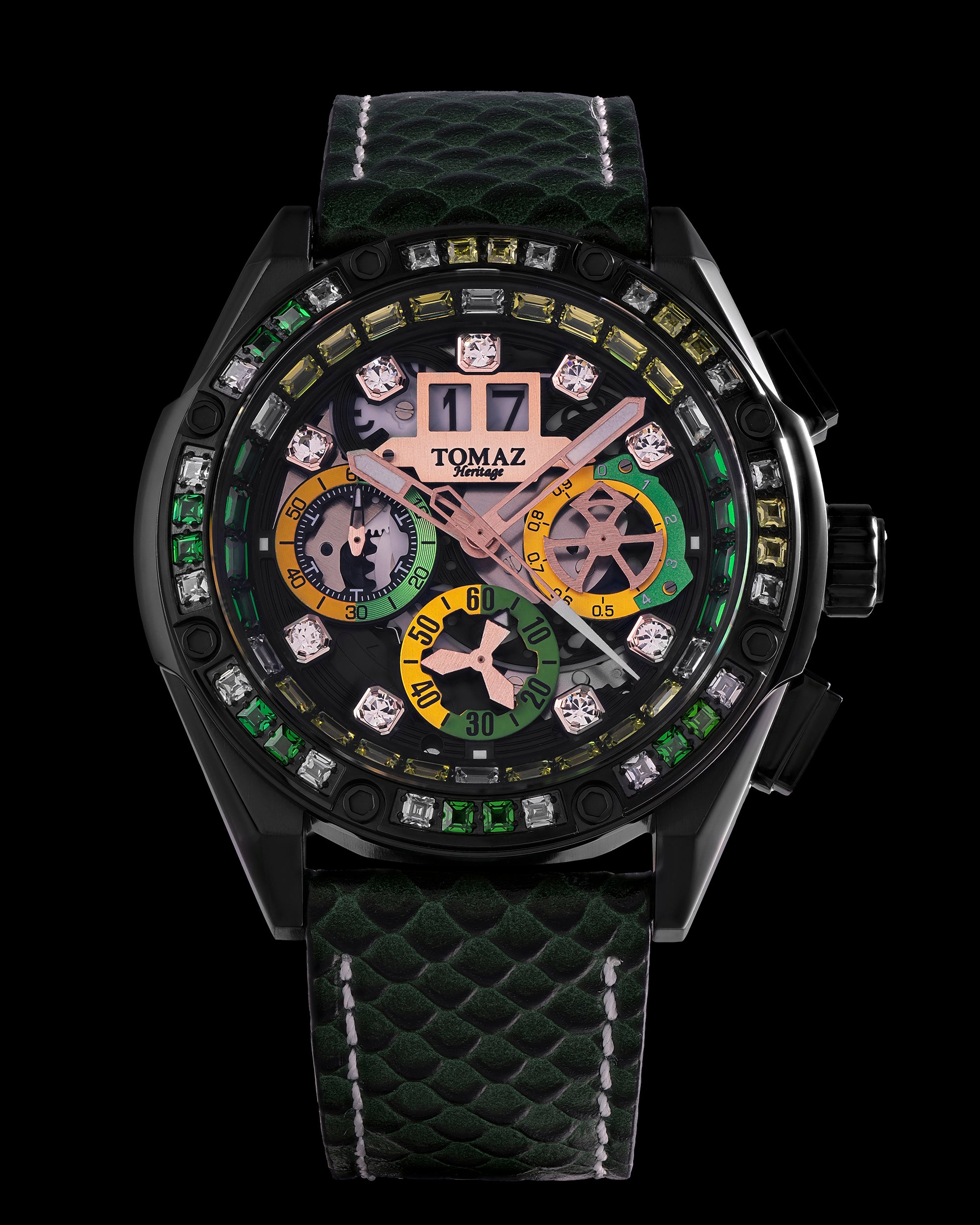 RAWR III TW024F-D1 (Black) with Dark Green White Yellow Crystal (Dark Green Salmon Leather Strap)