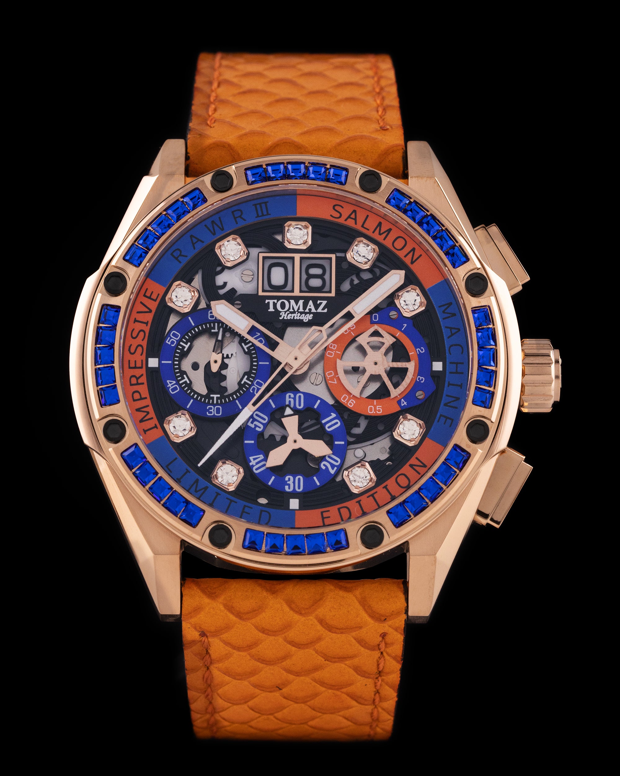 RAWR III TW024I-D8 (Rosegold) with Blue Crystal (Orange Salmon Leather Strap)