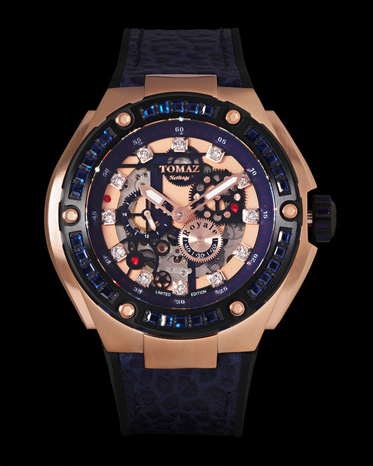 Royale XL TW027S-D3 (Rosegold) with Swarovski (Blue Leather with Rubber Strap)
