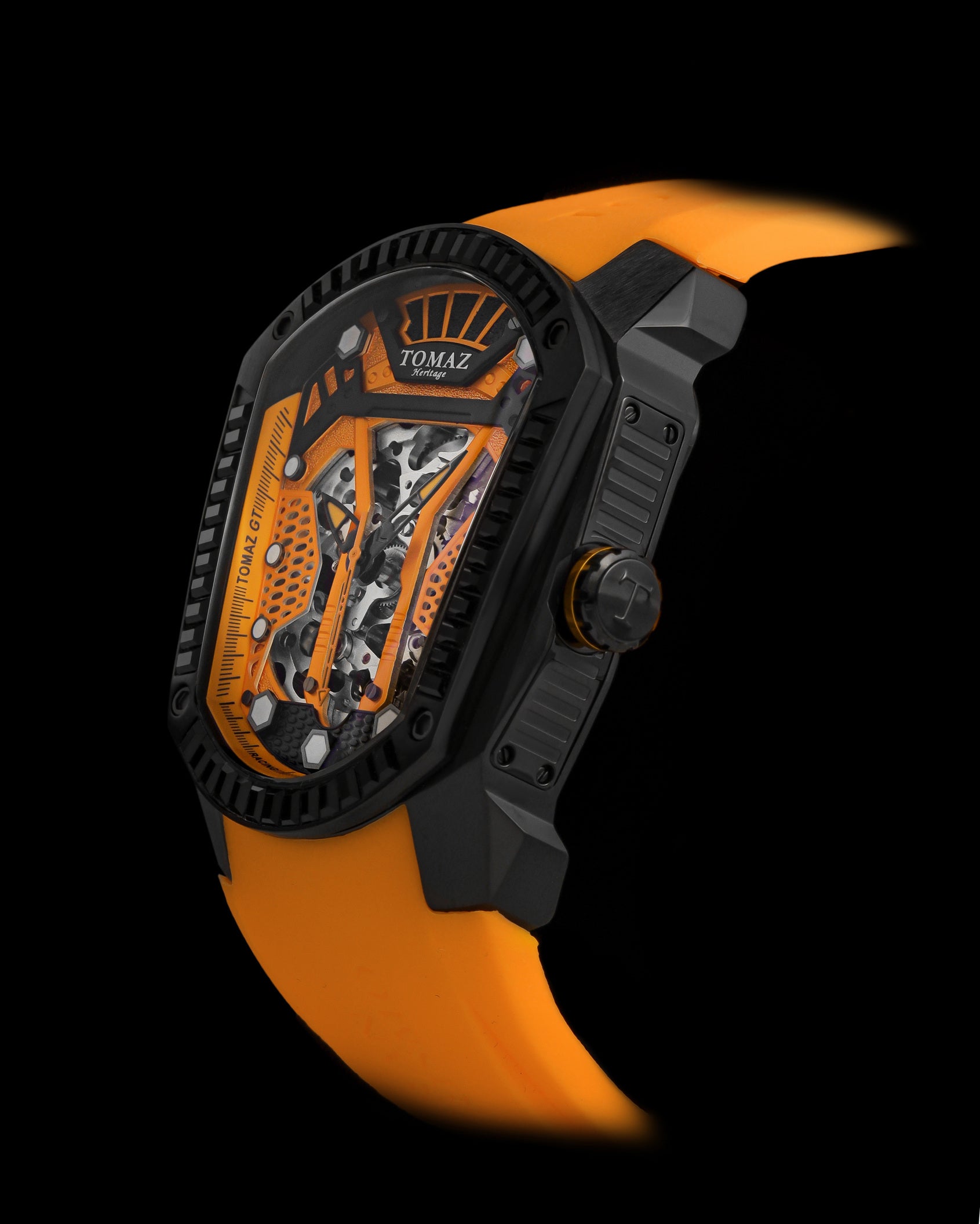 GT Skeleton TW028-D12 (Hitam/Oren) dengan Swarovski Hitam (Tali Getah Kuning)