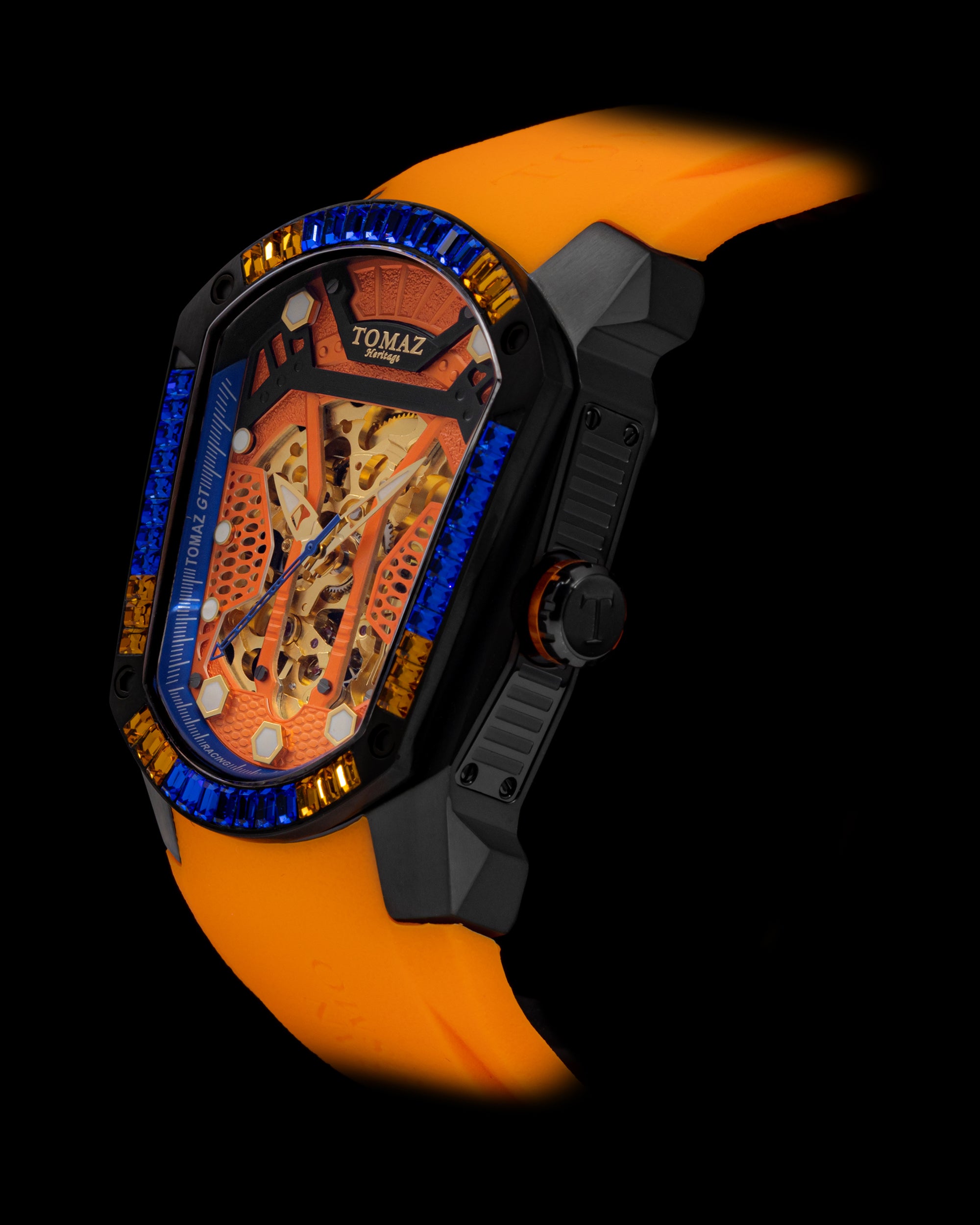 GT Skeleton TW028-D15 (Hitam/Oren) dengan Swarovski Biru Jingga (Tali Getah Jingga)