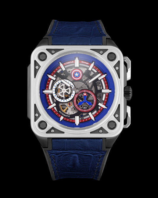 Marvel Captain America TW039-QD1 (Black/Metal/Blue) with Blue Silicone and Black Leather Bamboo Strap