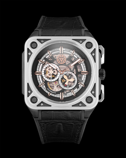 Marvel Tony Stark TW039-CD2 (Black/Silver/Rosegold) with Black Silicone and Leather Bamboo Strap