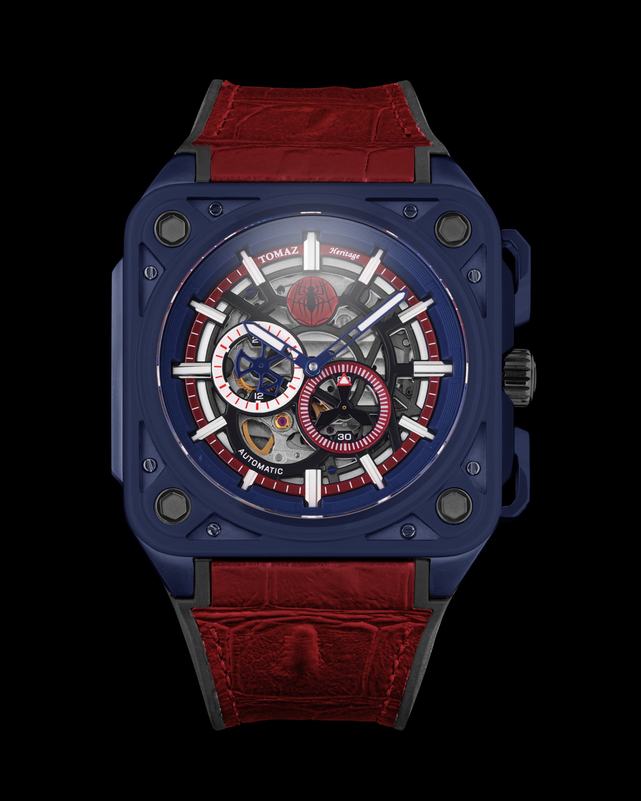 Marvel Spider-Man TW039-LD1 (Blue/Red) with Red Silicone and Leather Bamboo Strap