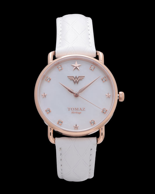 DC Wonder Woman Ladies Watch G1L-FD3 (Rose Gold/Pearl) White Leather Strap