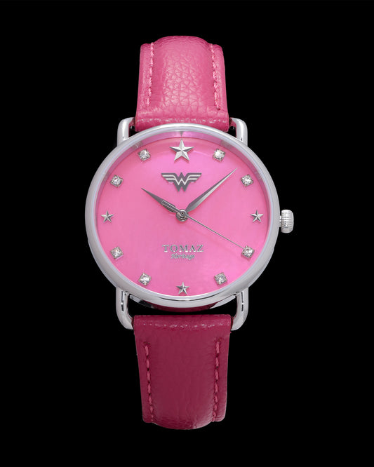 DC Wonder Woman Ladies Watch G1L-FD9 (Silver/Dark Pink) Dark Pink Leather Strap