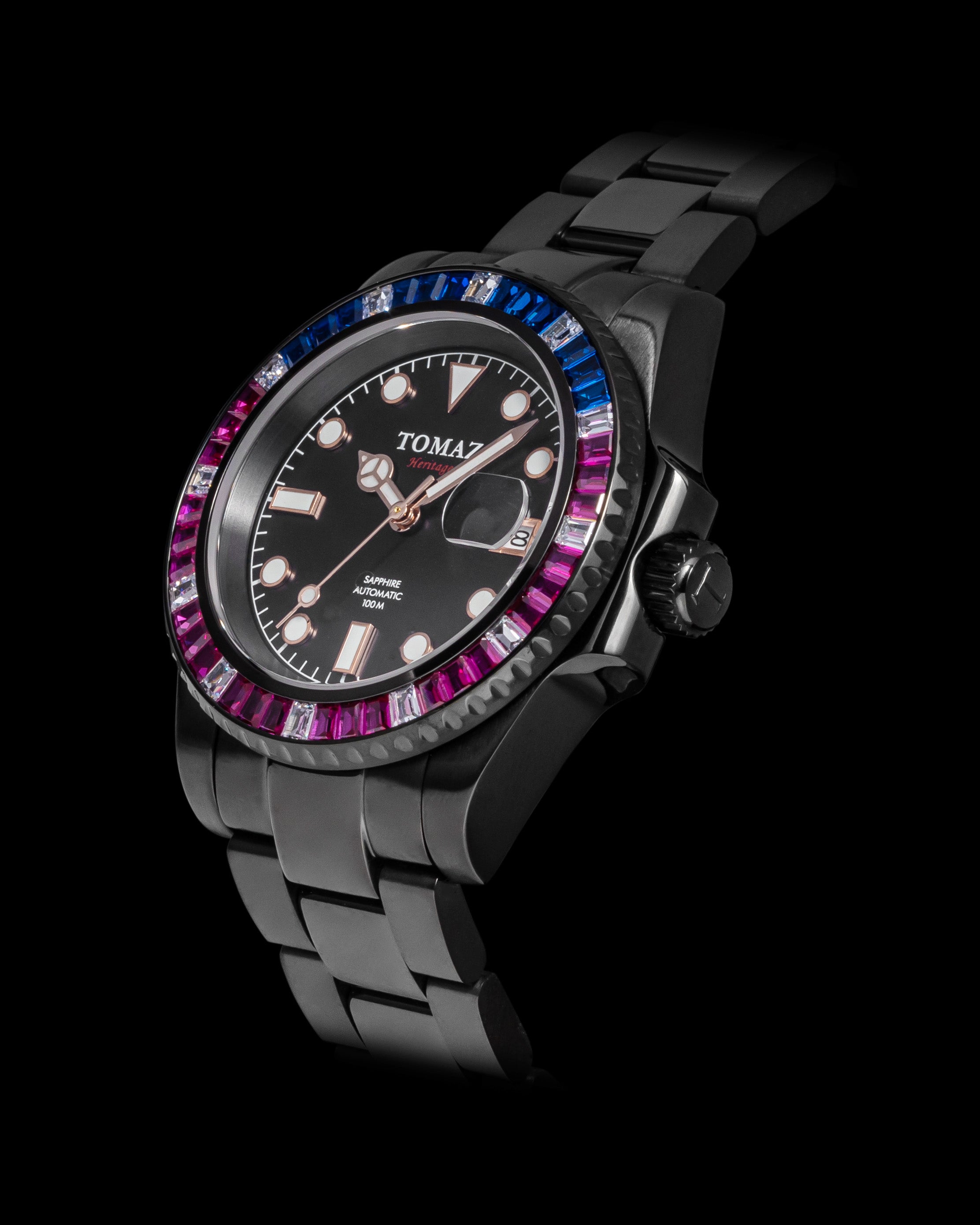 Tomaz Men's Watch GR01BS-D9 (Black) with Purple Navy White Swarovski (Black Stainless Steel)