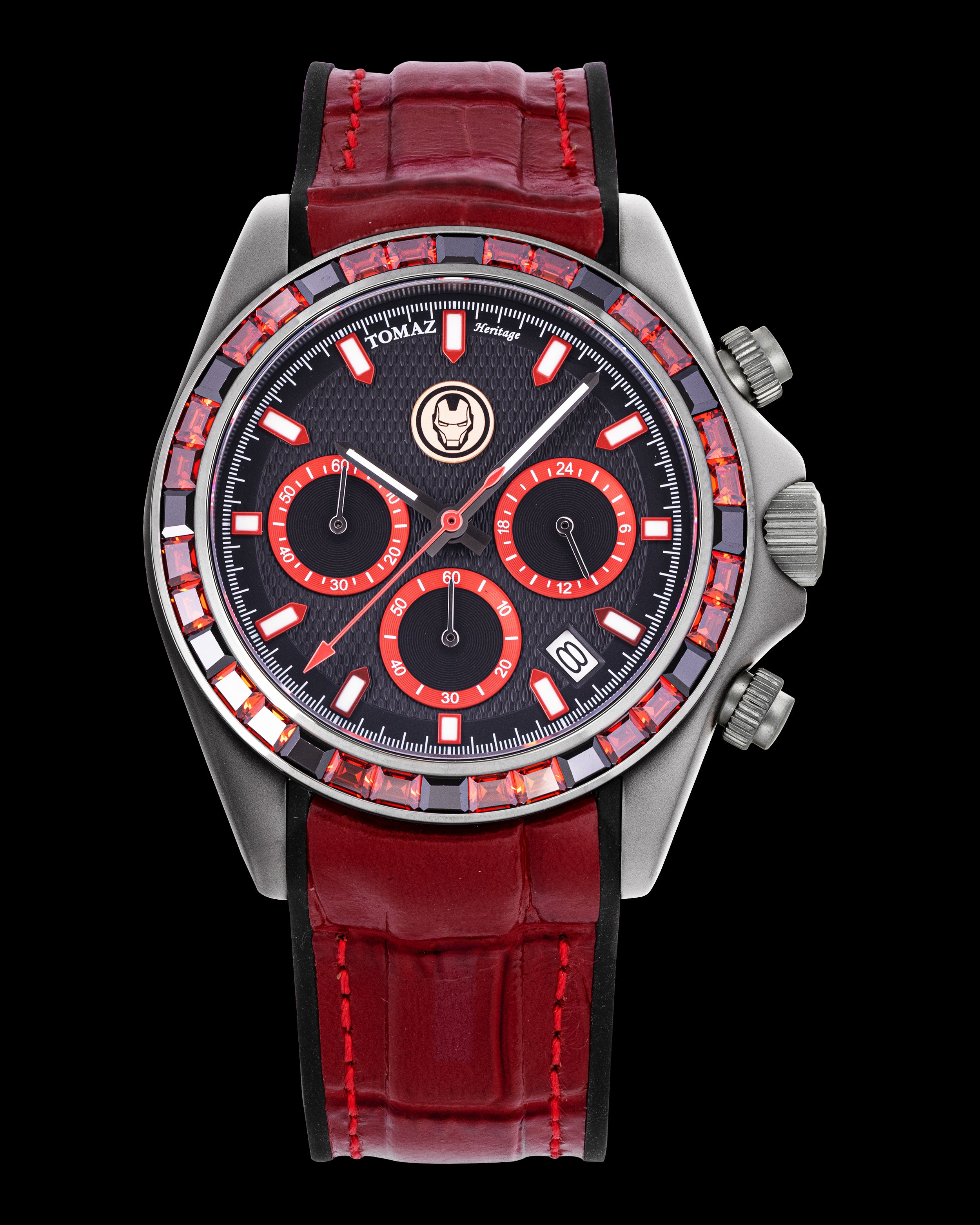 Marvel Iron-Man GR02-A14D1 (Silver/Black) with Black/Red Crystal and Red Leather Rubber Strap