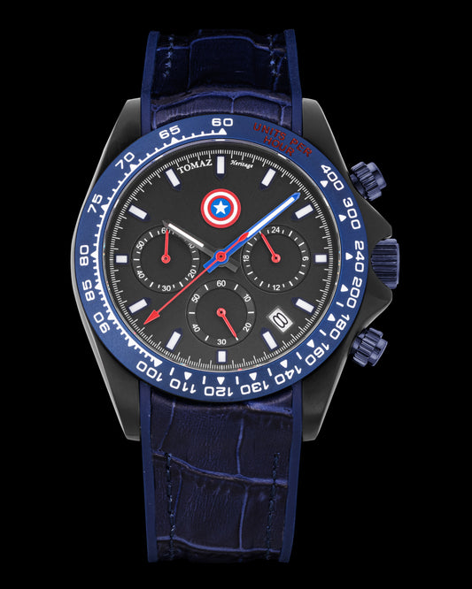 Marvel Captain America GR02-C18D1 (Black/Navy) with Blue Silicone Leather Strap