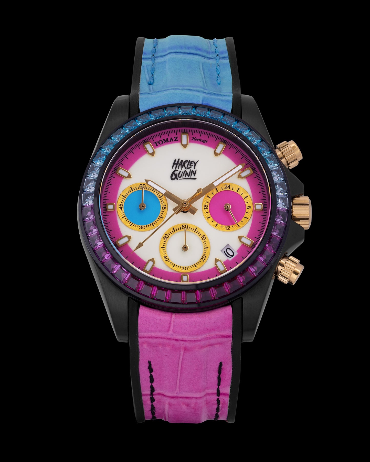 DC Harley Quinn GR02L-A1D1 (Black/White) with Blue Pink Crystal (Blue Pink Leather Strap)