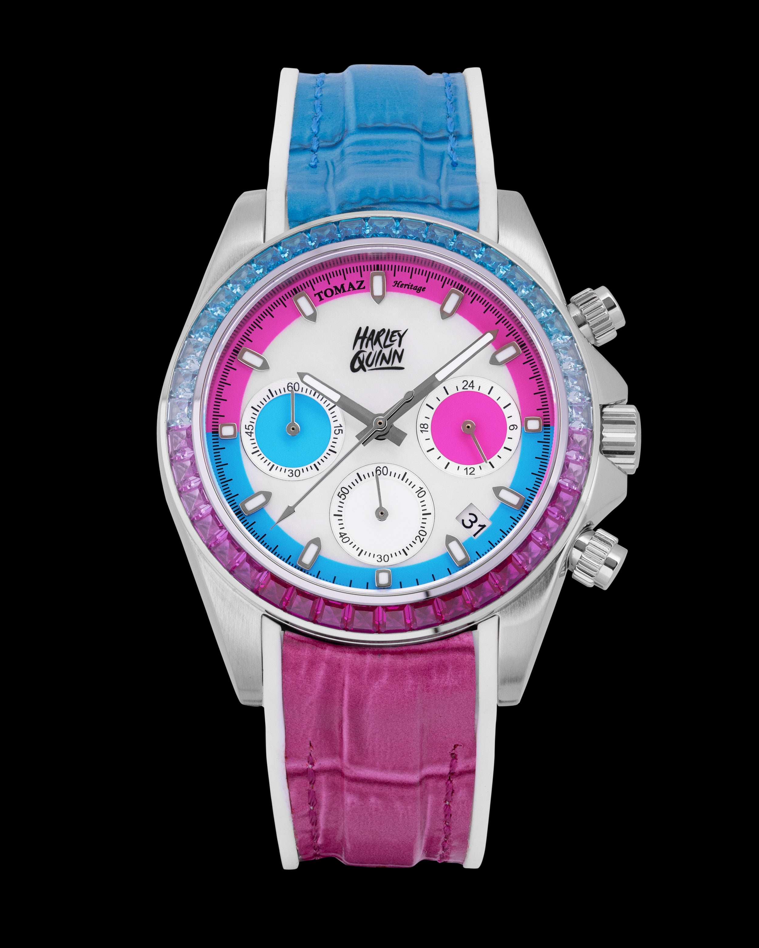 DC Harley Quinn GR02L-A1D2 (Silver/White) with Blue Pink Crystal (Blue Pink Leather Strap)