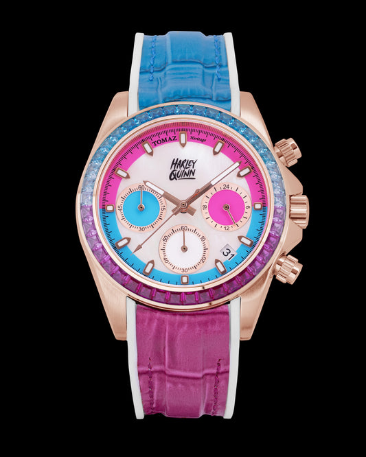 DC Harley Quinn GR02L-A1D3 (Rosegold/White) with Blue Pink Crystal (Blue Pink Leather Strap)