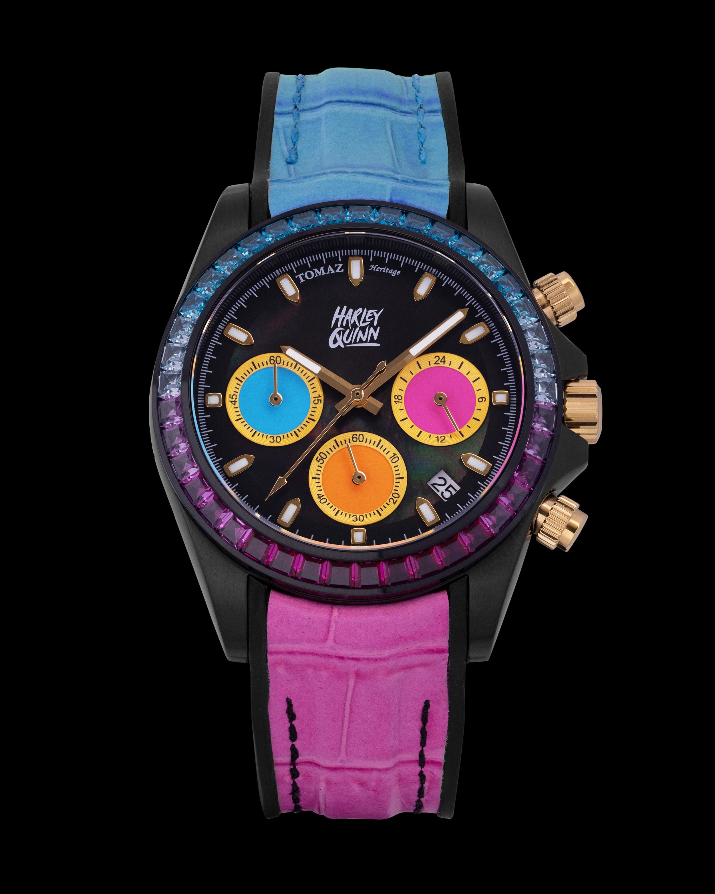 DC Harley Quinn GR02L-A1D4 (Rosegold/Black) with Blue Pink Crystal (Blue Pink Leather Strap)