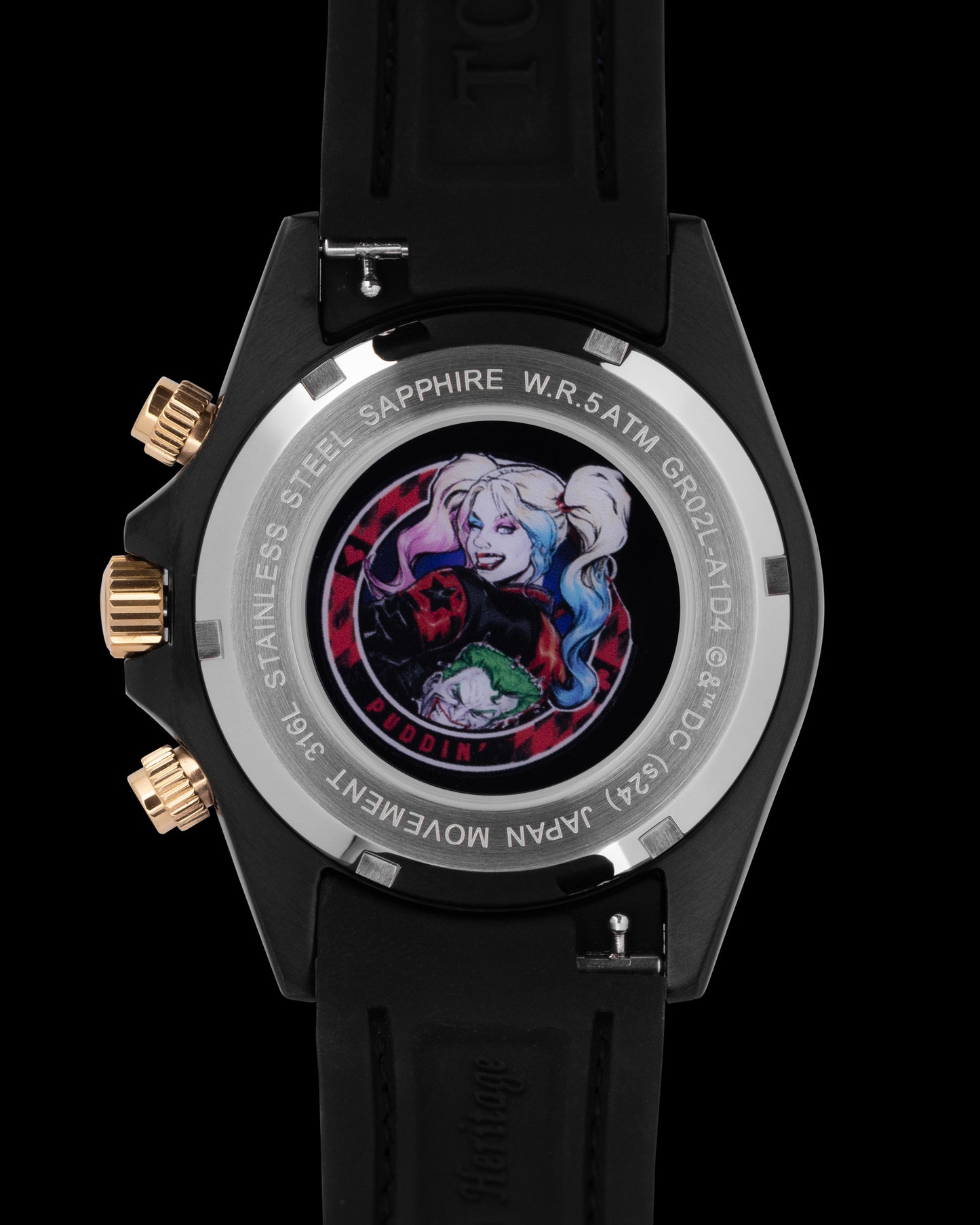 DC Harley Quinn GR02L-A1D4 (Rosegold/Black) with Blue Pink Crystal (Blue Pink Leather Strap)