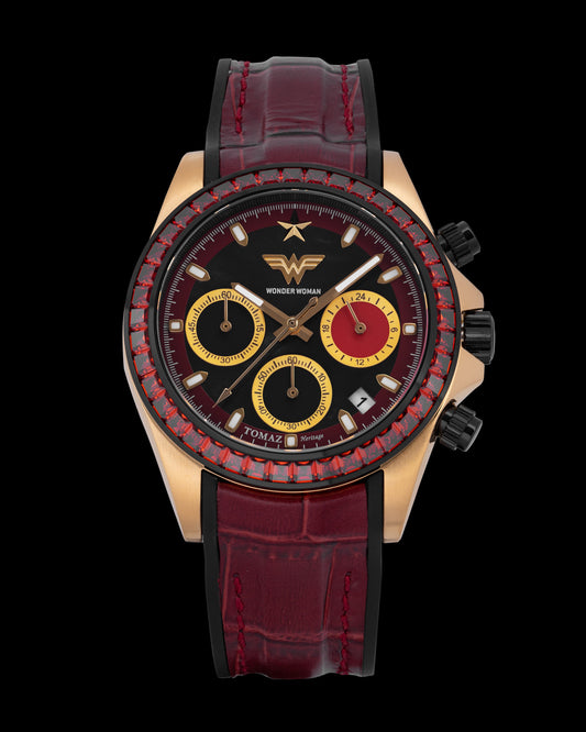 DC Wonder Woman GR02L-A2D1 (Gold/Black) with Red Crystal (Red Leather Strap)