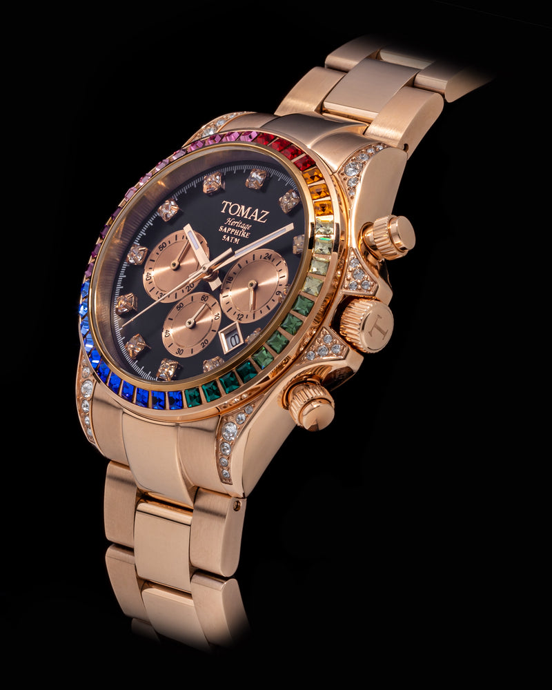 
                  
                    Load image into Gallery viewer, Tomaz Ladies Watch GR02L-D1 (Rosegold/Black) with Rainbow Swarovski (Rosegold Stainless Steel)
                  
                