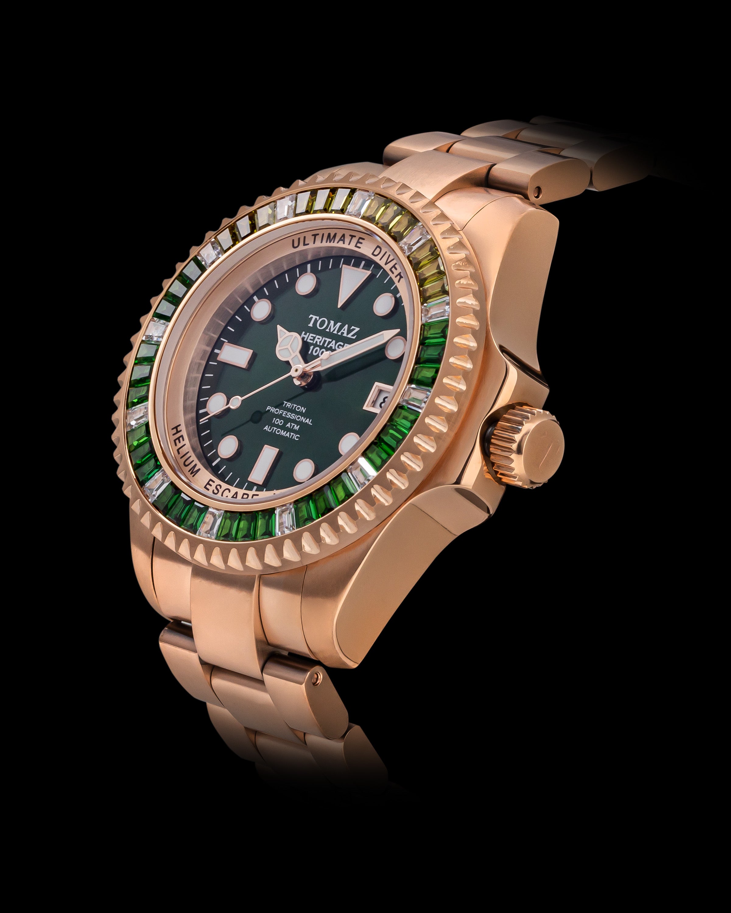 Ultimate Diver GR06-D14 (Rosegold/Hijau) dengan Swarovski Putih Kuning Hijau (Keluli Tahan Karat Rosegold)