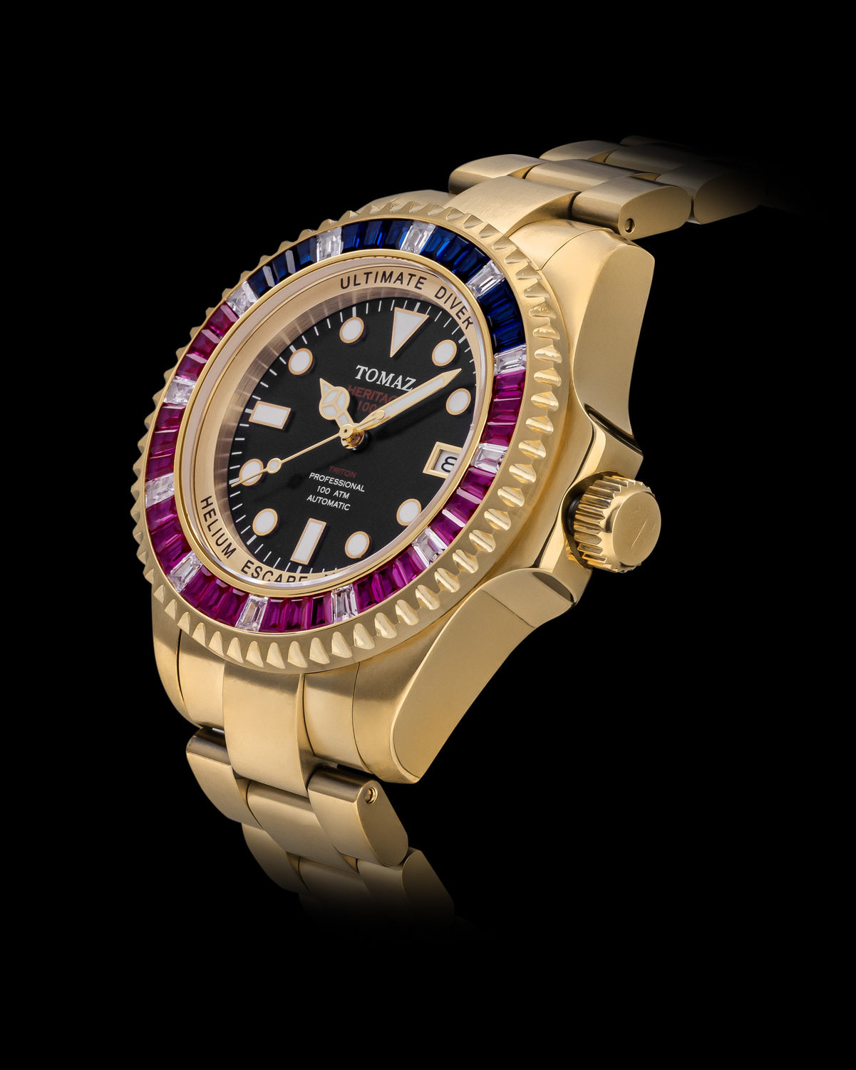 Ultimate Diver GR06-D6 (Gold/Black) with Pink Blue White Crystal (Gold Stainless Steel)